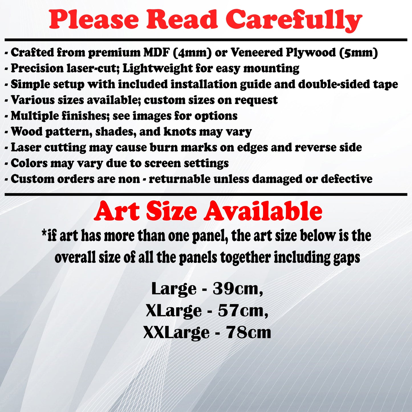 Wooden Art Size Guide and art details, Material, finish options, fittings.