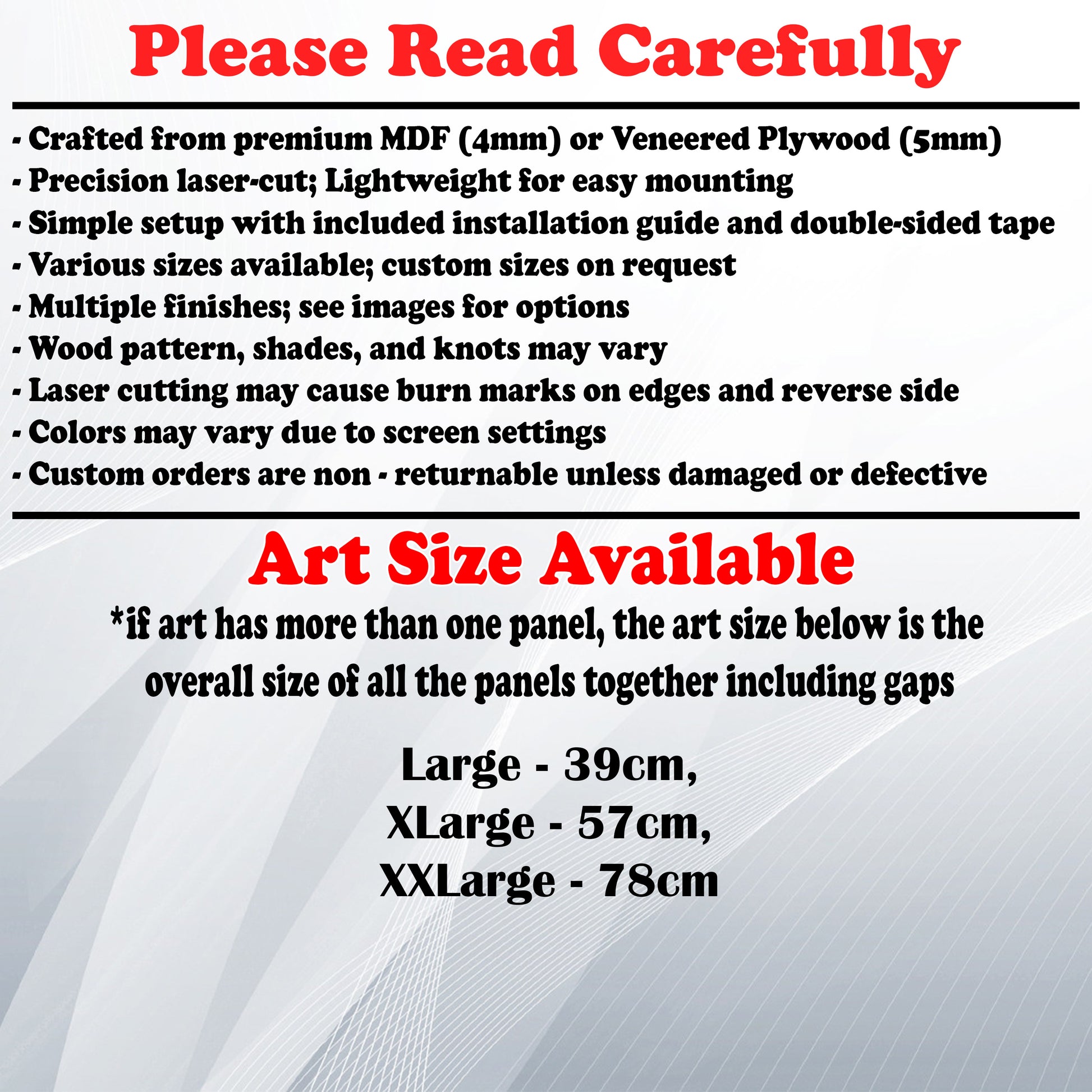 Wooden Art Size Guide and art details, Material, finish options, fittings.