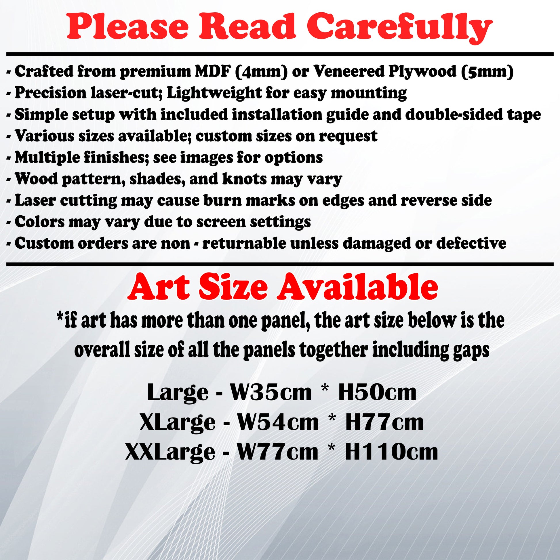 Wooden Art Size Guide and art details, Material, finish options, fittings.