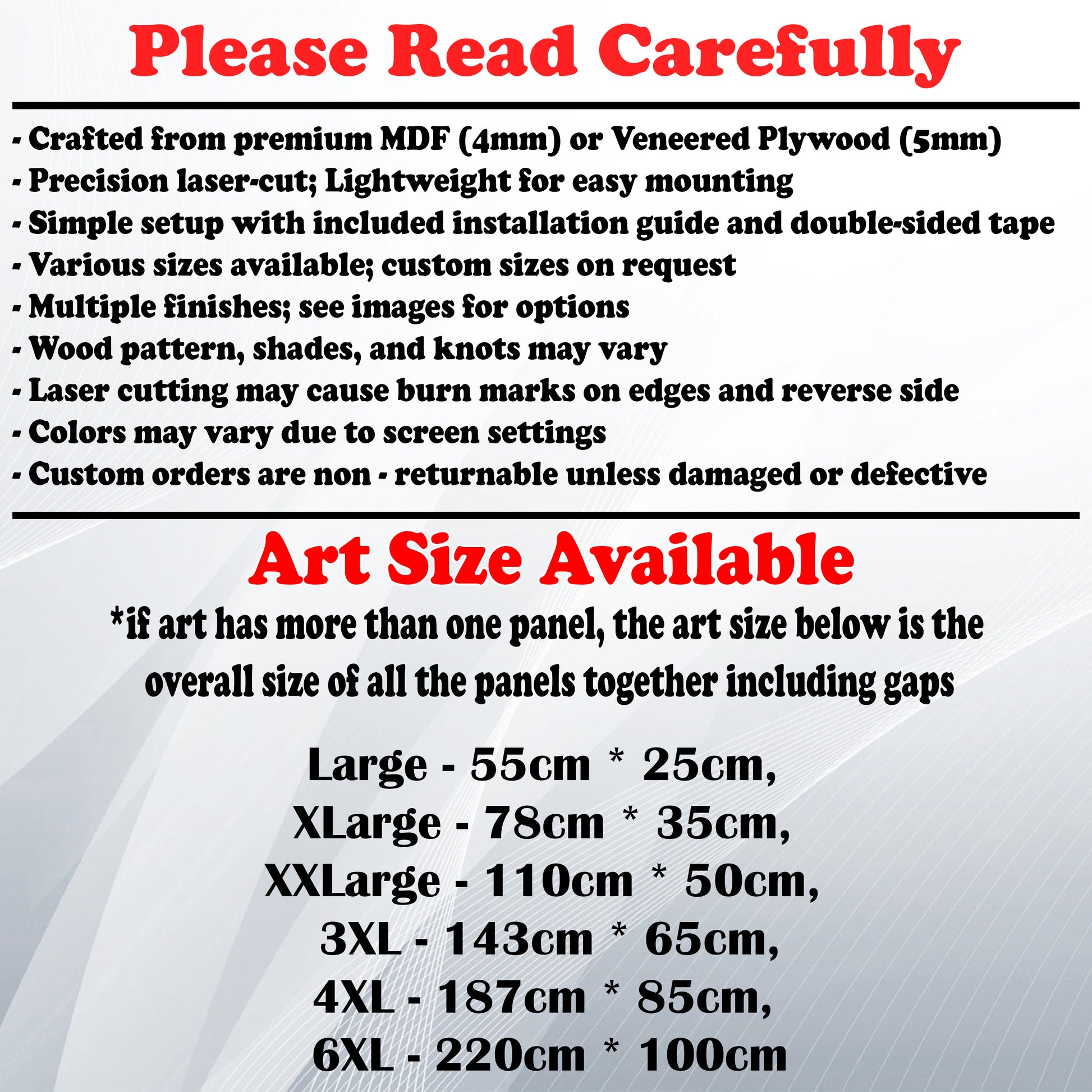 Wooden Art Size Guide and art details, Material, finish options, fittings.