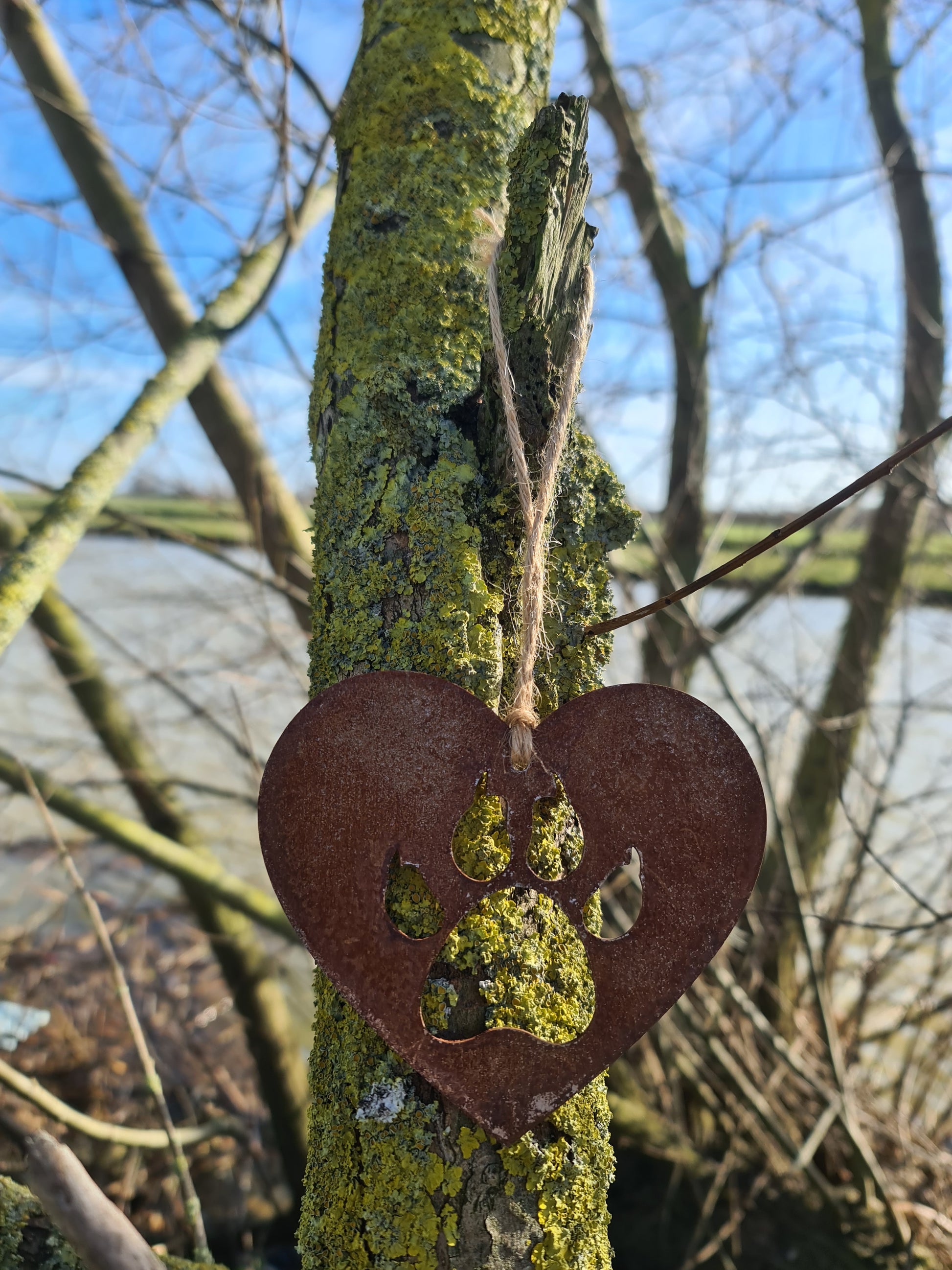 This heart-shaped metal ornament features a cat paw silhouette, symbolising love for feline companions. Its rustic finish adds a natural charm, and it includes a jute twine for easy hanging. Ideal for cat lovers and rustic-themed decor.
