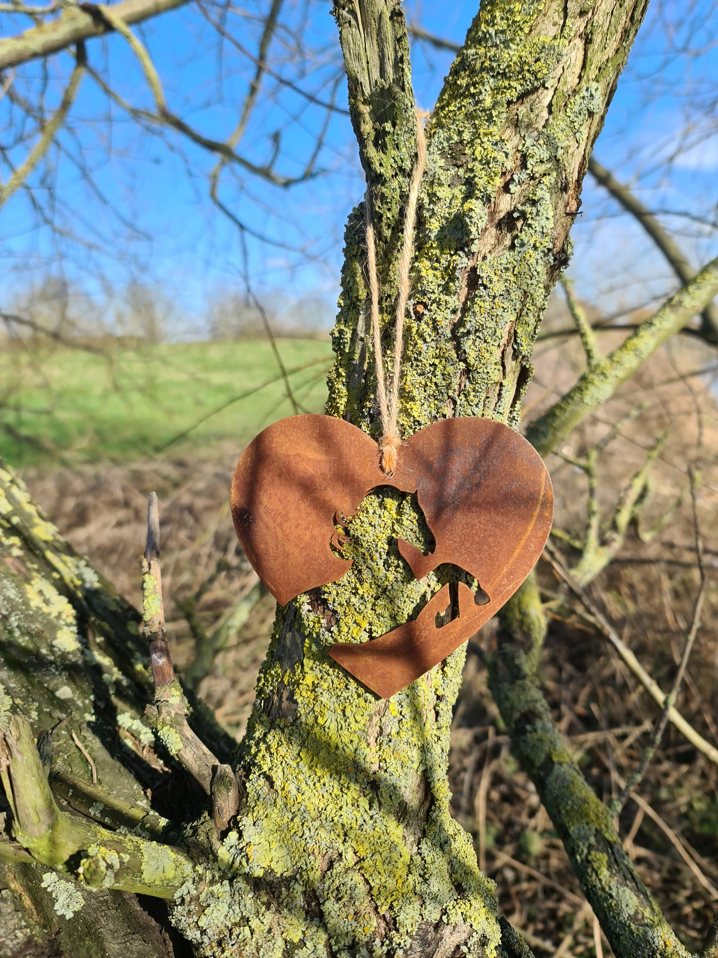 This heart-shaped metal ornament features a beautifully cut horse silhouette within the heart's frame. The rustic, weathered finish adds a natural and charming aesthetic. Complete with a jute twine for hanging, it's perfect for countryside or horse-themed decor.
