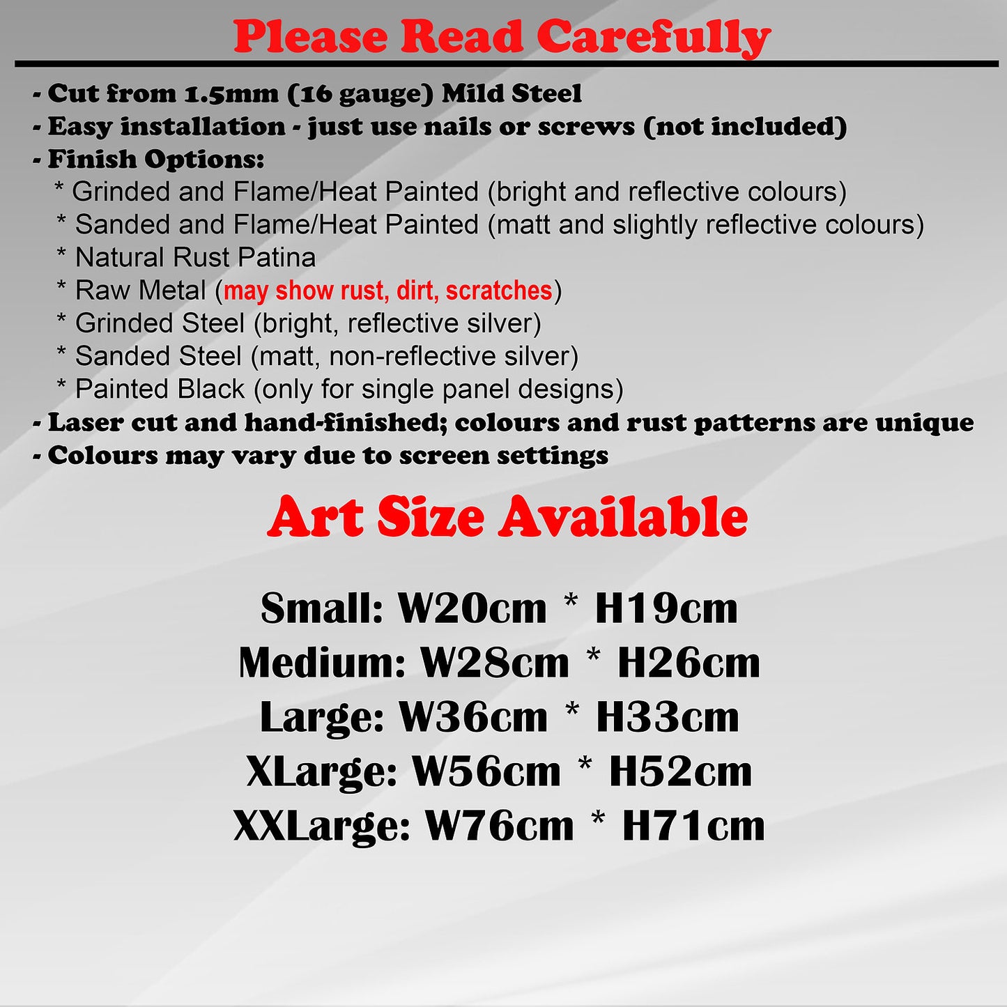 Duke Craft - Metal Garden Art Size Guide and art details, Material, finish options, fittings explained.