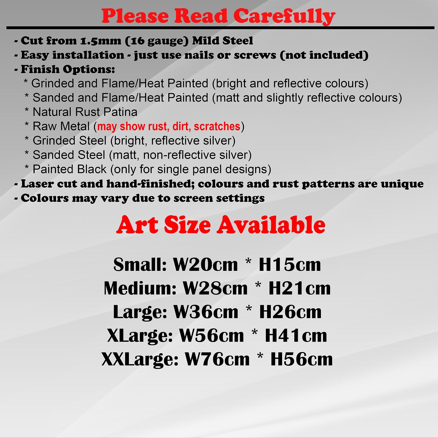 Duke Craft - Metal Garden Art Size Guide and art details, Material, finish options, fittings explained.