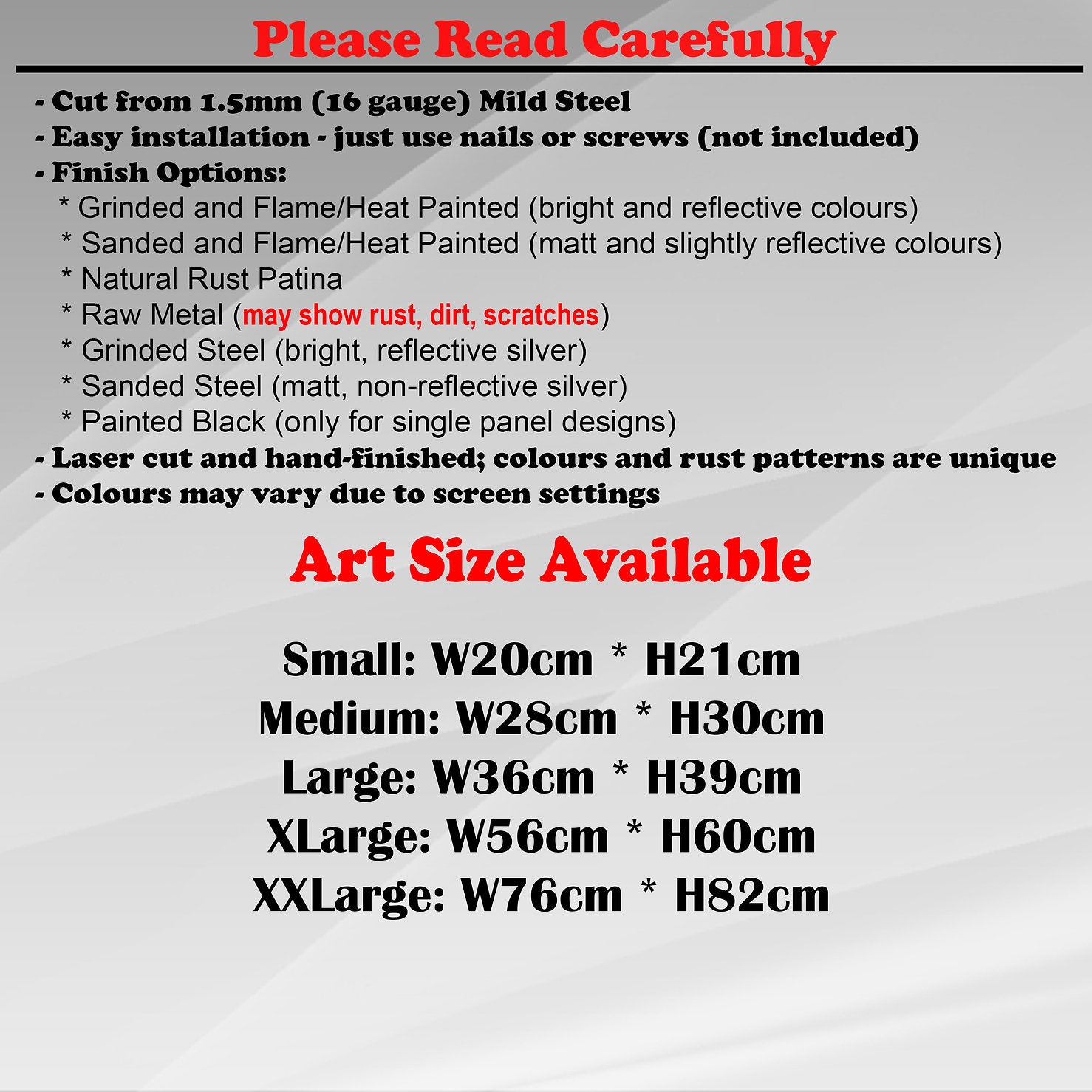 Duke Craft - Metal Garden Art Size Guide and art details, Material, finish options, fittings explained.