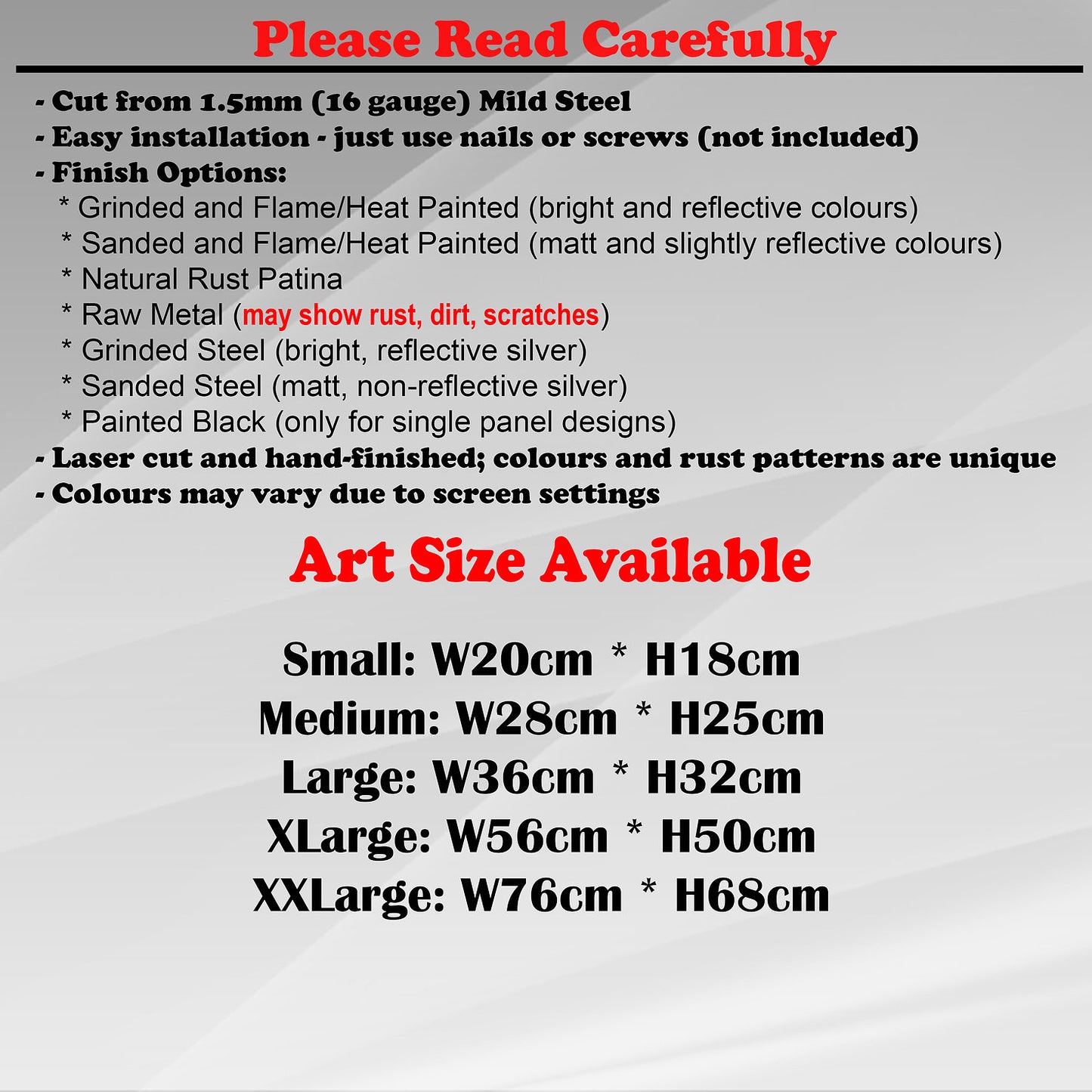 Duke Craft - Metal Garden Art Size Guide and art details, Material, finish options, fittings explained.