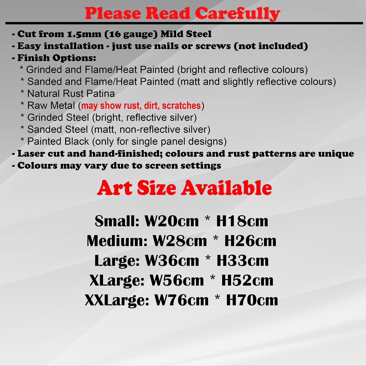 Duke Craft - Metal Garden Art Size Guide and art details, Material, finish options, fittings explained.