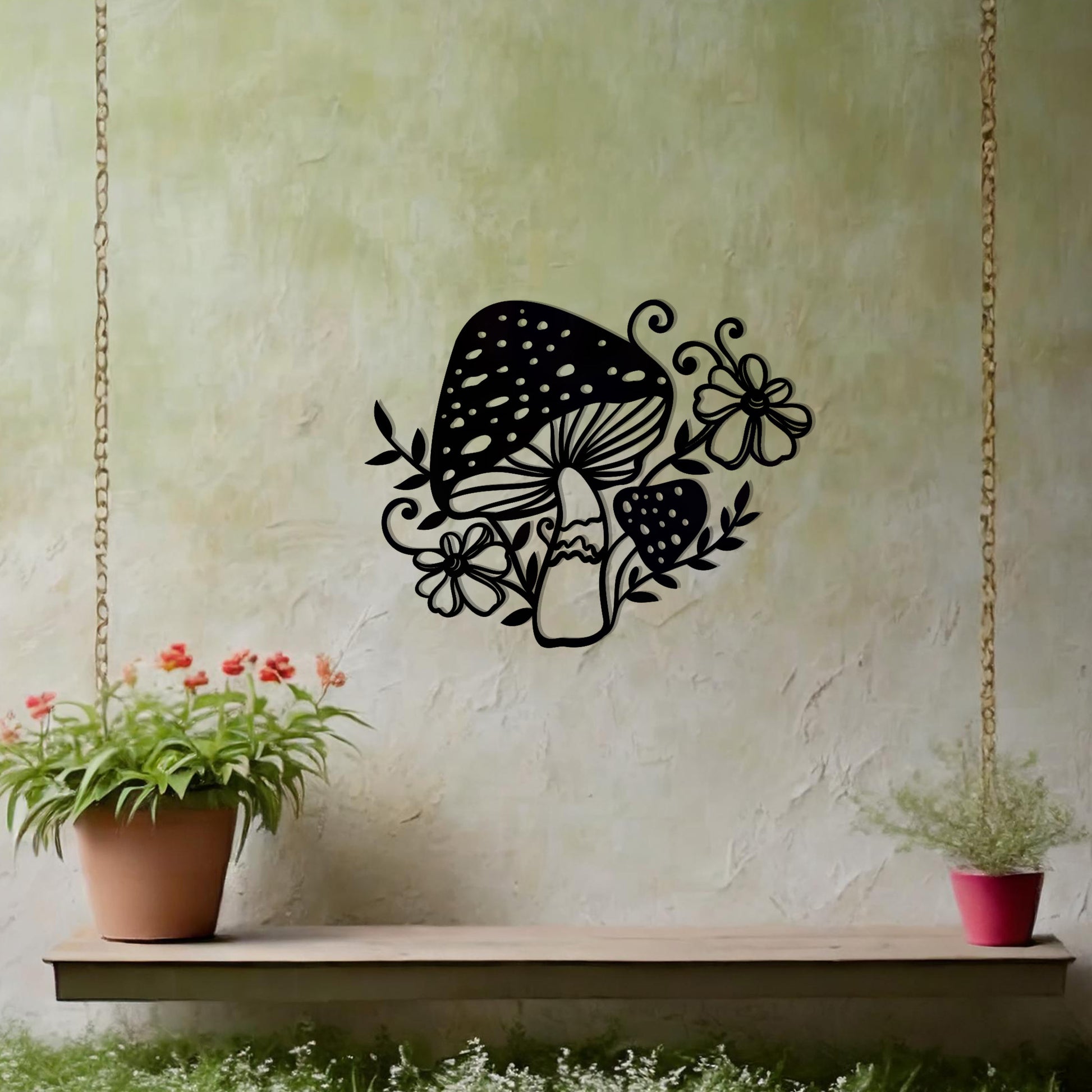 Metal garden decoration featuring a whimsical mushroom design surrounded by floral and leafy accents, intricately crafted to bring a touch of nature-inspired charm and artistry to outdoor spaces