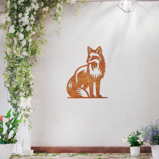 This design features a seated fox with graceful detailing and a poised stance. The intricate line work captures the essence of the fox's fur and its sleek form, making it a stunning decorative piece for any nature-inspired or rustic-themed space.
