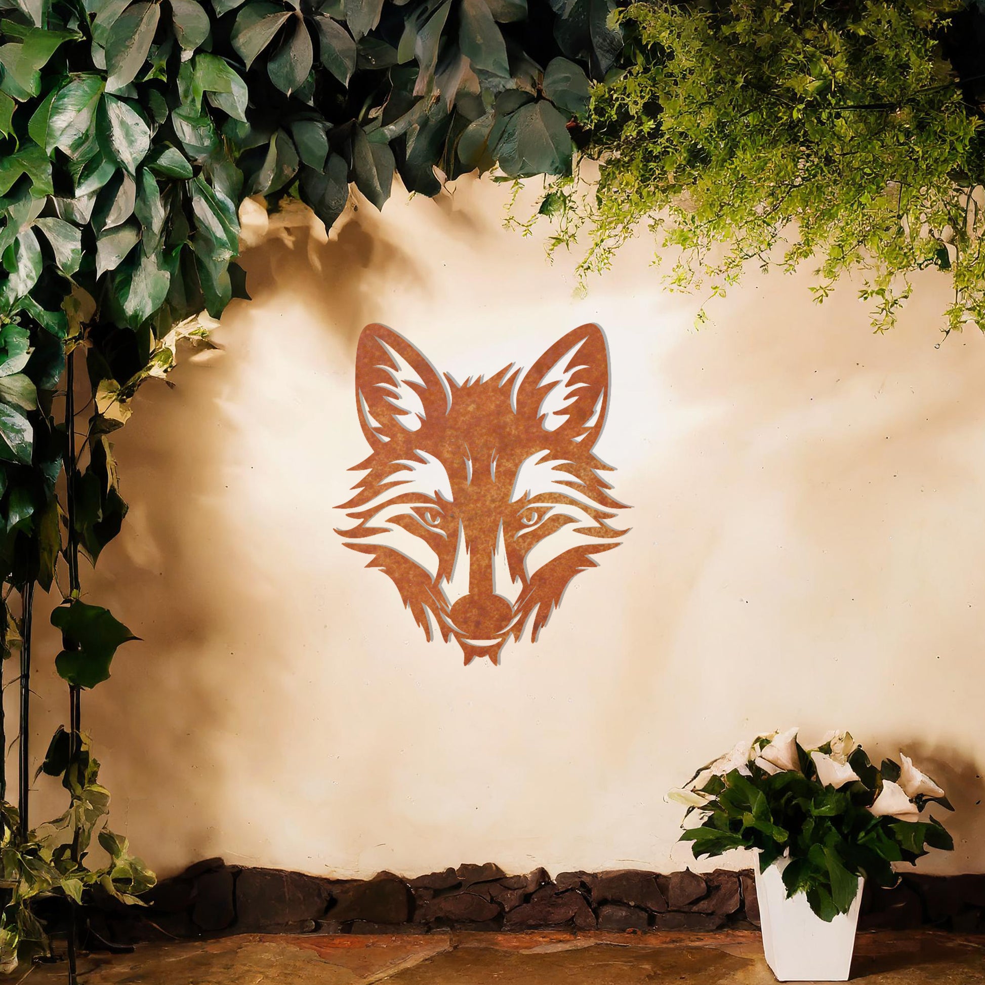 A captivating metal wall art design of a fox's face, intricately crafted with sharp lines and elegant details, representing grace and cunning. Ideal for enhancing interiors with a touch of the wild.