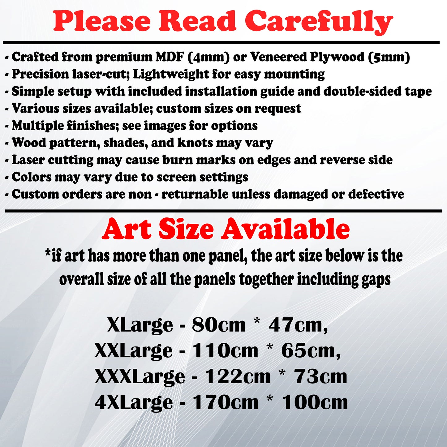 Wooden Art Size Guide and art details, Material, finish options, fittings.
