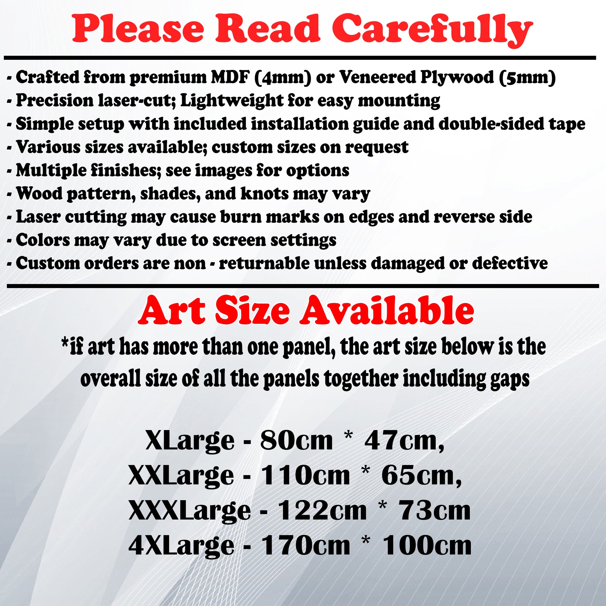 Wooden Art Size Guide and art details, Material, finish options, fittings.