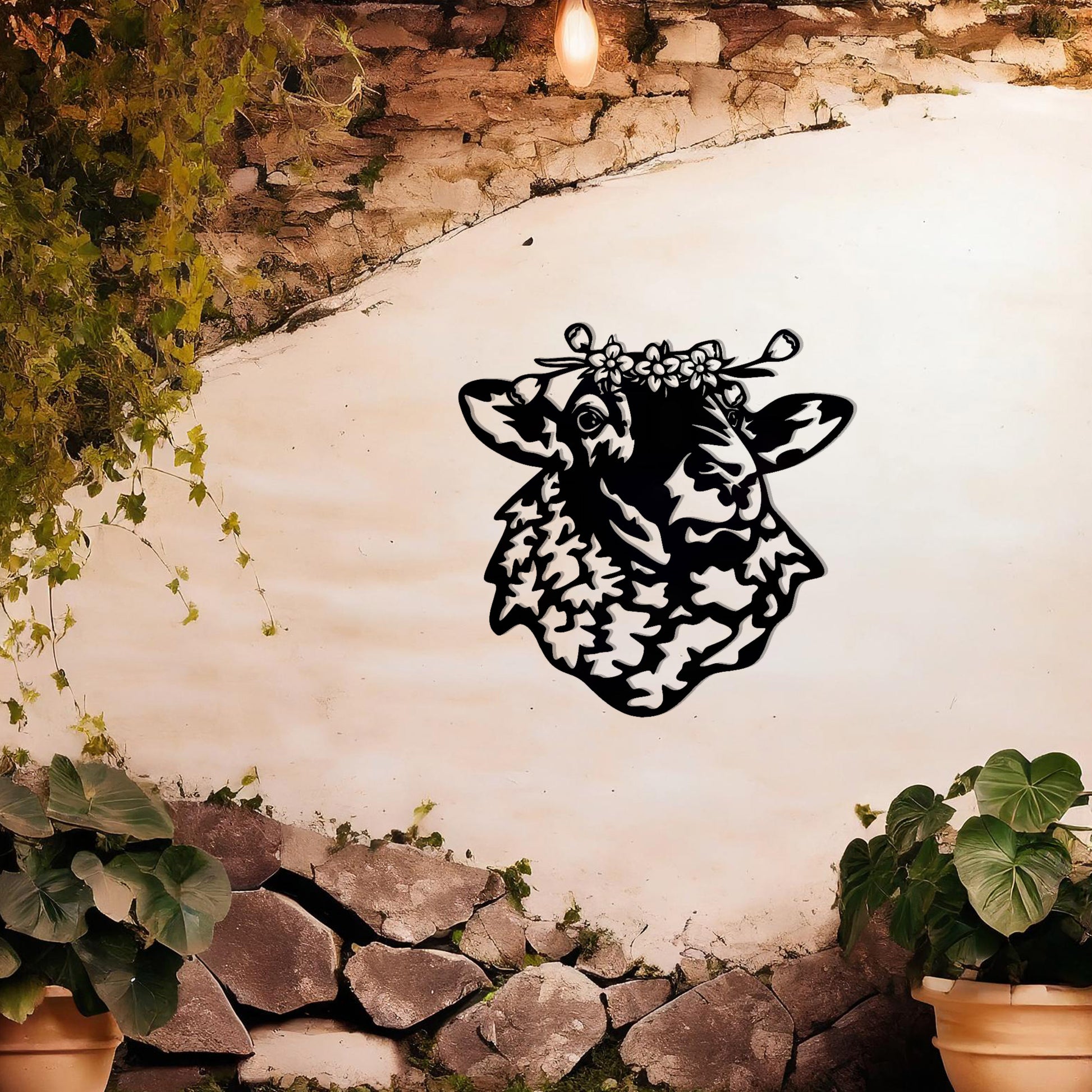 A metal wall art piece depicting a sheep adorned with a floral crown, exuding rustic charm and elegance. This intricate design brings a touch of countryside serenity to any modern or natural setting, complemented by its leafy surroundings.