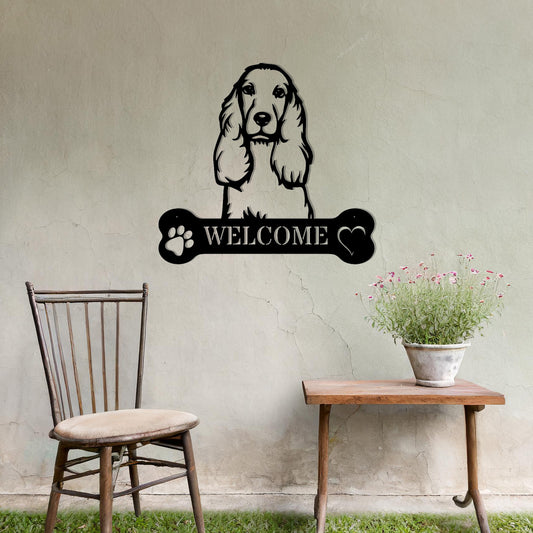Metal Cocker Spaniel design with a bone-shaped 'WELCOME' text and paw prints, perfect for adding a friendly and welcoming touch to entryways or outdoor spaces