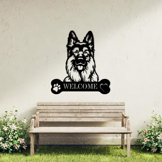 Metal German Shepherd dog design with a bone-shaped 'WELCOME' text and paw prints, perfect for adding a strong and welcoming touch to entryways or outdoor spaces.