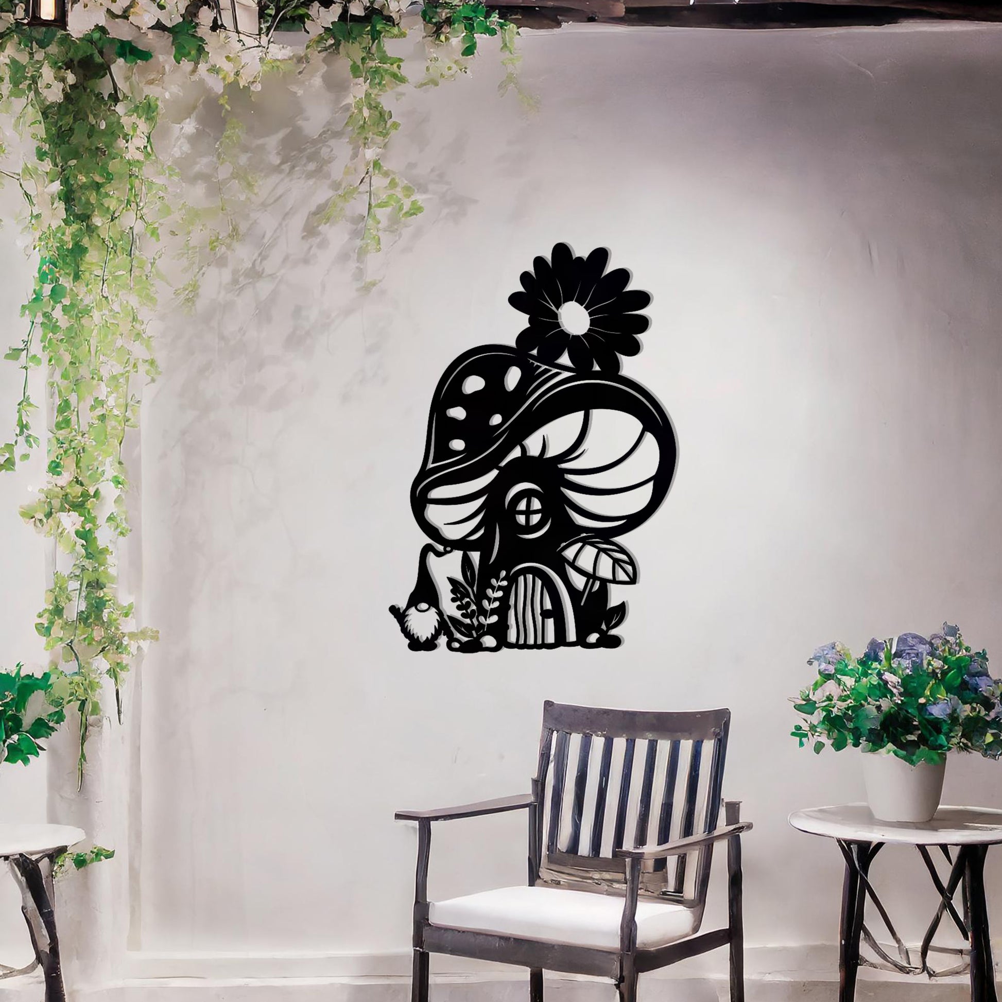 Metal garden decoration featuring a whimsical mushroom house adorned with floral and foliage details, crafted with intricate patterns, adding an enchanting and playful touch to outdoor or indoor spaces.