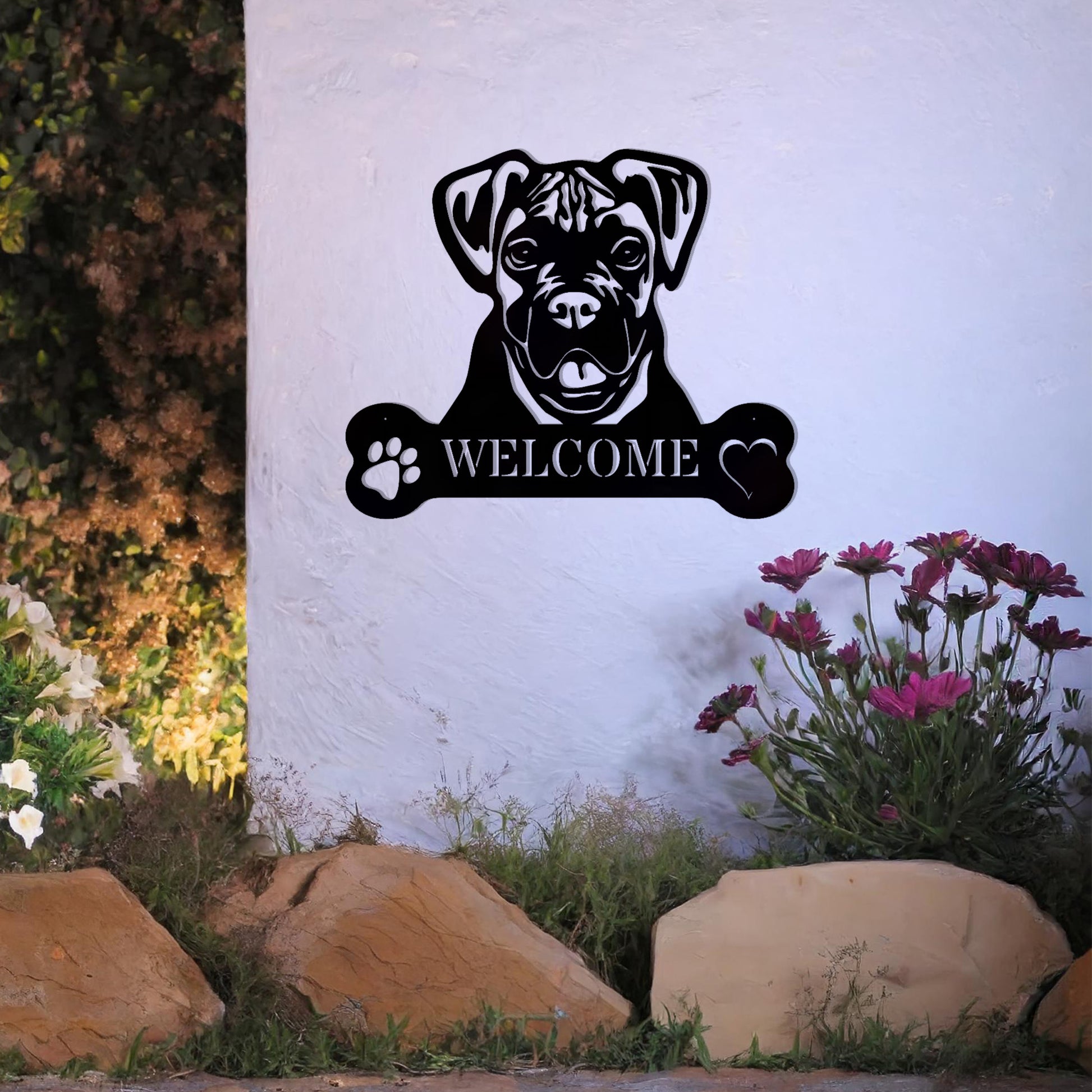 Metal Boxer dog design with a bone-shaped 'WELCOME' text and paw prints, perfect for adding a friendly and welcoming touch to entryways or outdoor spaces.
