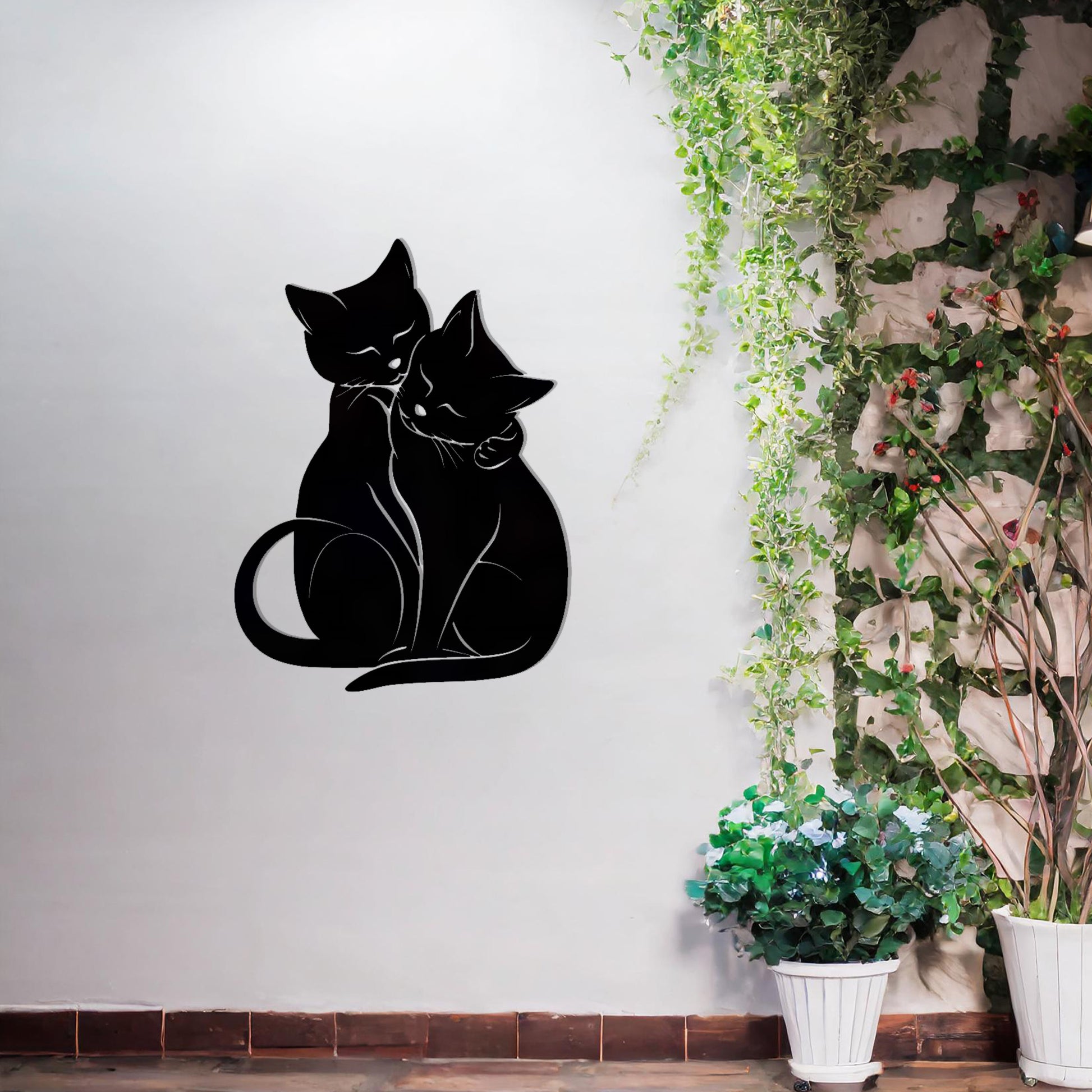 This design showcases two affectionate cats sitting closely together, creating an elegant and heartwarming silhouette. Their graceful posture and intertwined tails evoke a sense of companionship, making this piece perfect for cat lovers.