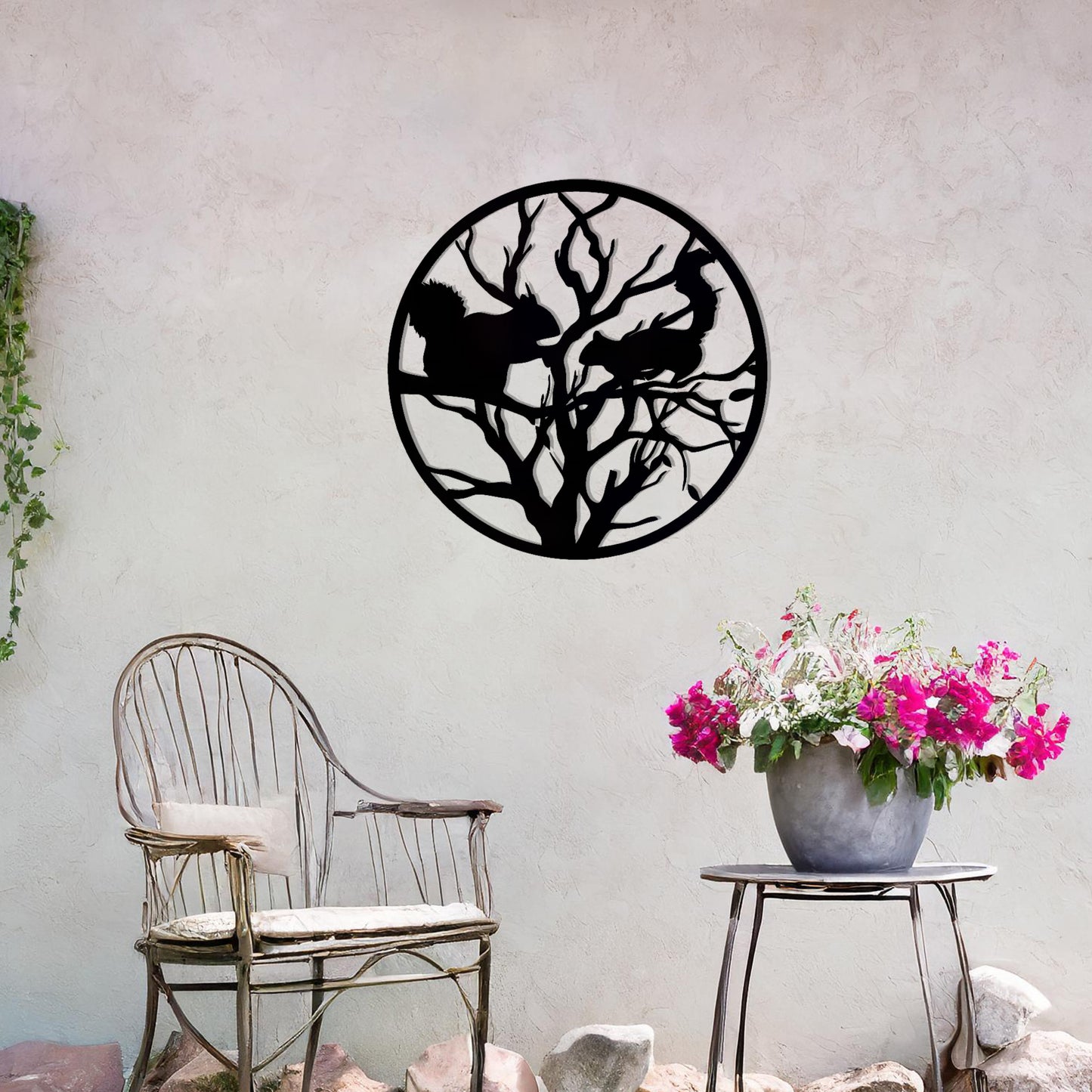 This circular design depicts a detailed silhouette of two squirrels interacting on tree branches. The intricate pattern captures the natural essence of wildlife within the tree, creating a harmonious and visually striking piece for nature enthusiasts.