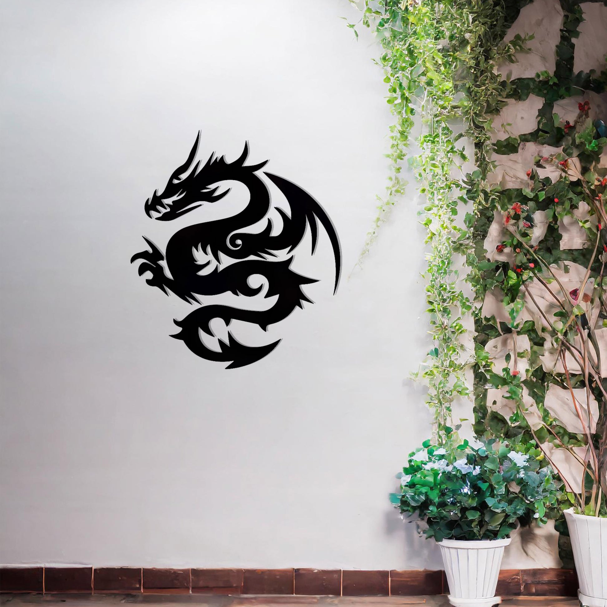 A bold metal wall art design featuring a stylised dragon in a dynamic pose, showcasing intricate curves and sharp details that capture its fierce and mythical essence.