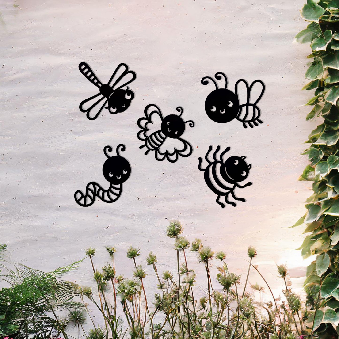 This delightful design set features a collection of cute insects, including a dragonfly, butterfly, bee, caterpillar, and spider, each crafted with whimsical details and playful expressions. Perfect for adding a cheerful, nature-inspired touch to any space.