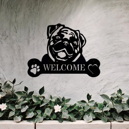 Metal Pug dog design with a bone-shaped 'WELCOME' text and paw prints, perfect for adding a friendly and welcoming touch to entryways or outdoor spaces.