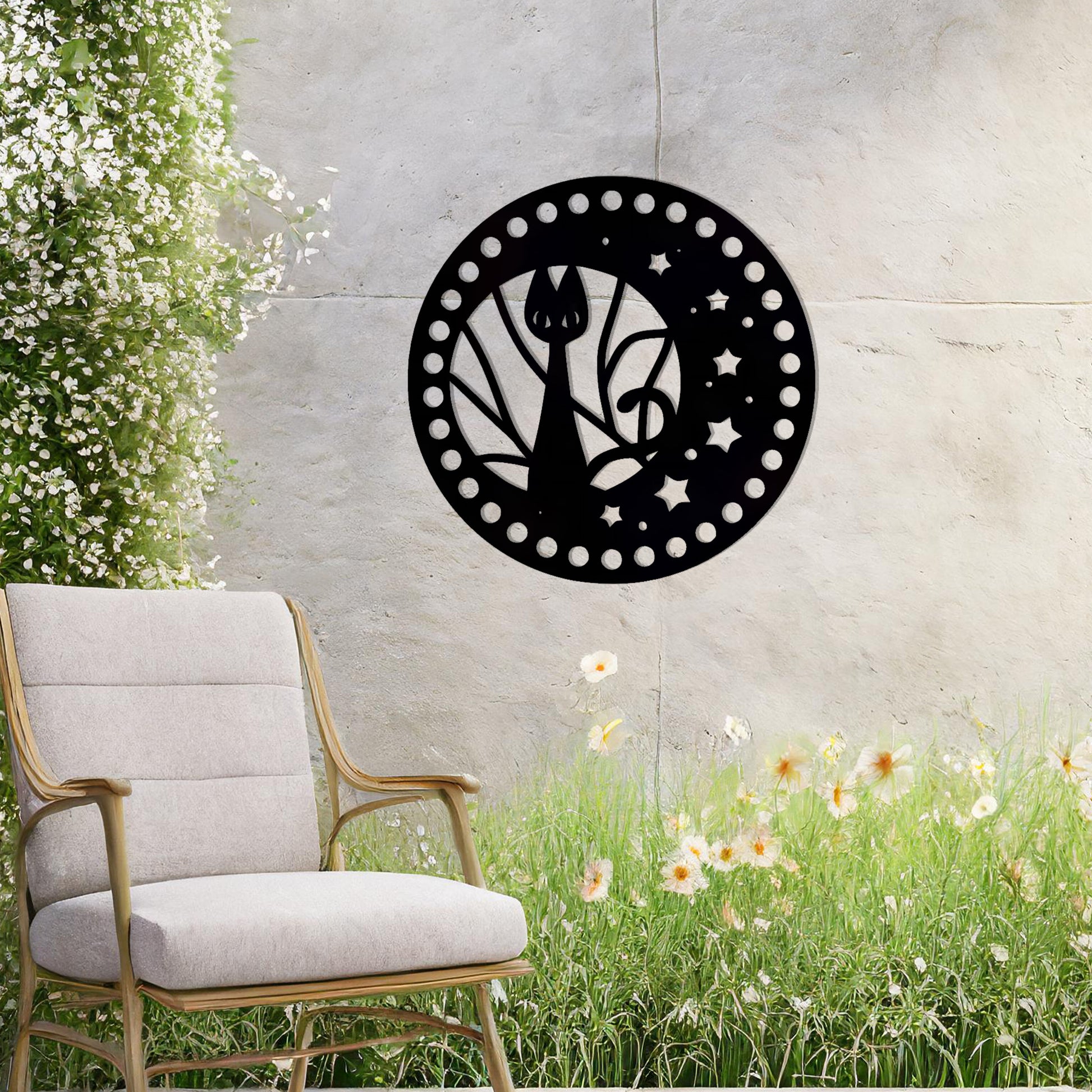 This artwork showcases a circular design featuring a sleek cat silhouette surrounded by stars and curved elements, giving a celestial and whimsical touch. The detailed frame adds a decorative flair, making it perfect for enhancing any wall space.