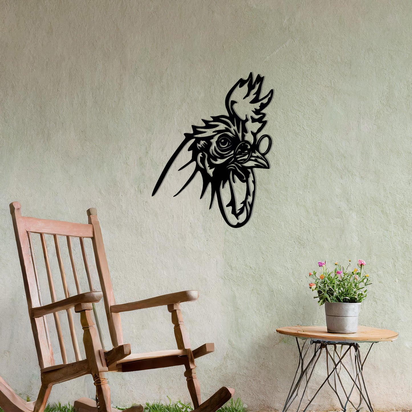 This design showcases a dynamic and expressive smart rooster head silhouette, exuding energy and character with its bold lines and intricate detailing. A striking piece of wall art perfect for adding a touch of rustic charm.
