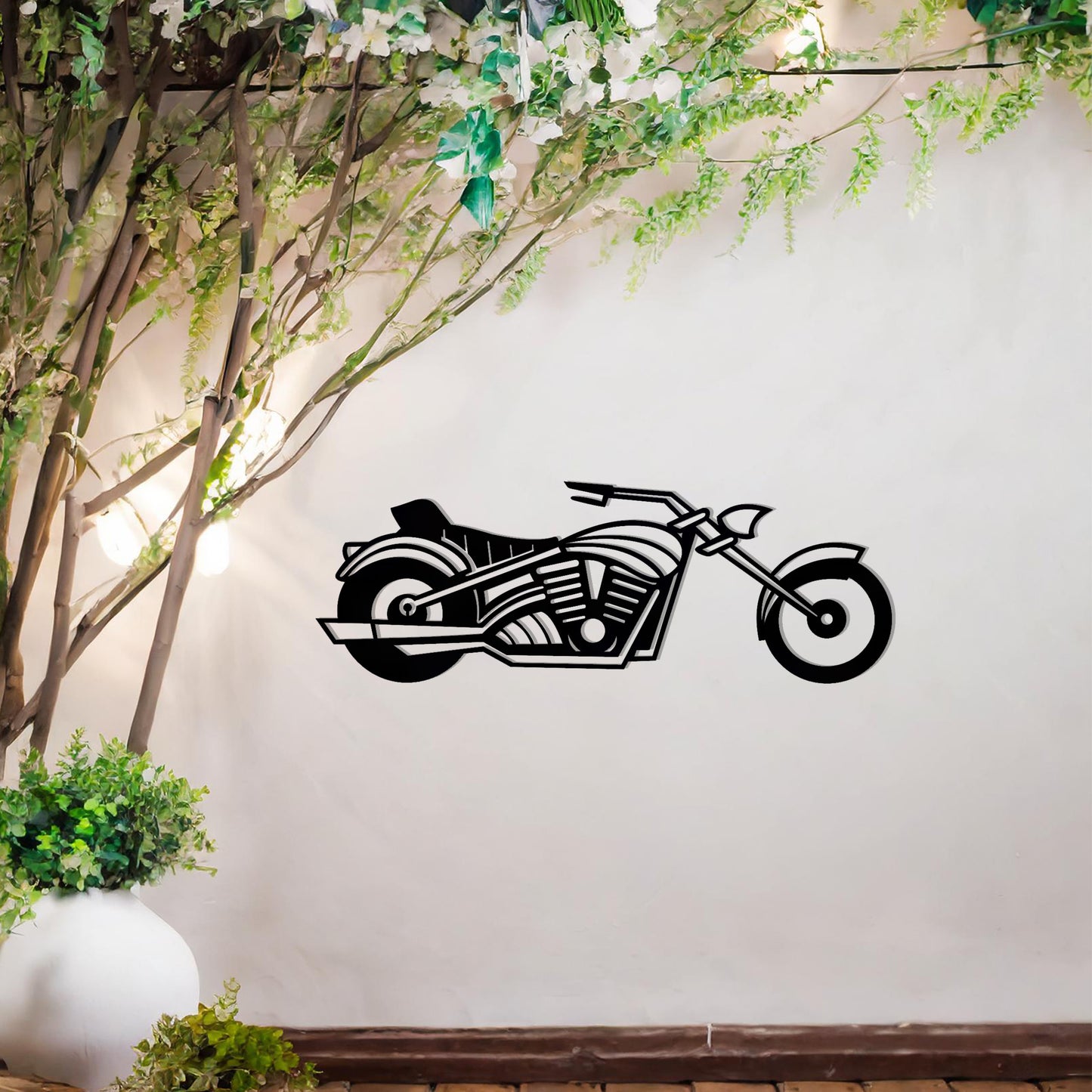 This design features a detailed motorcycle silhouette with sleek curves and dynamic lines, capturing the essence of freedom and adventure. A bold and striking wall art piece for motorbike enthusiasts.