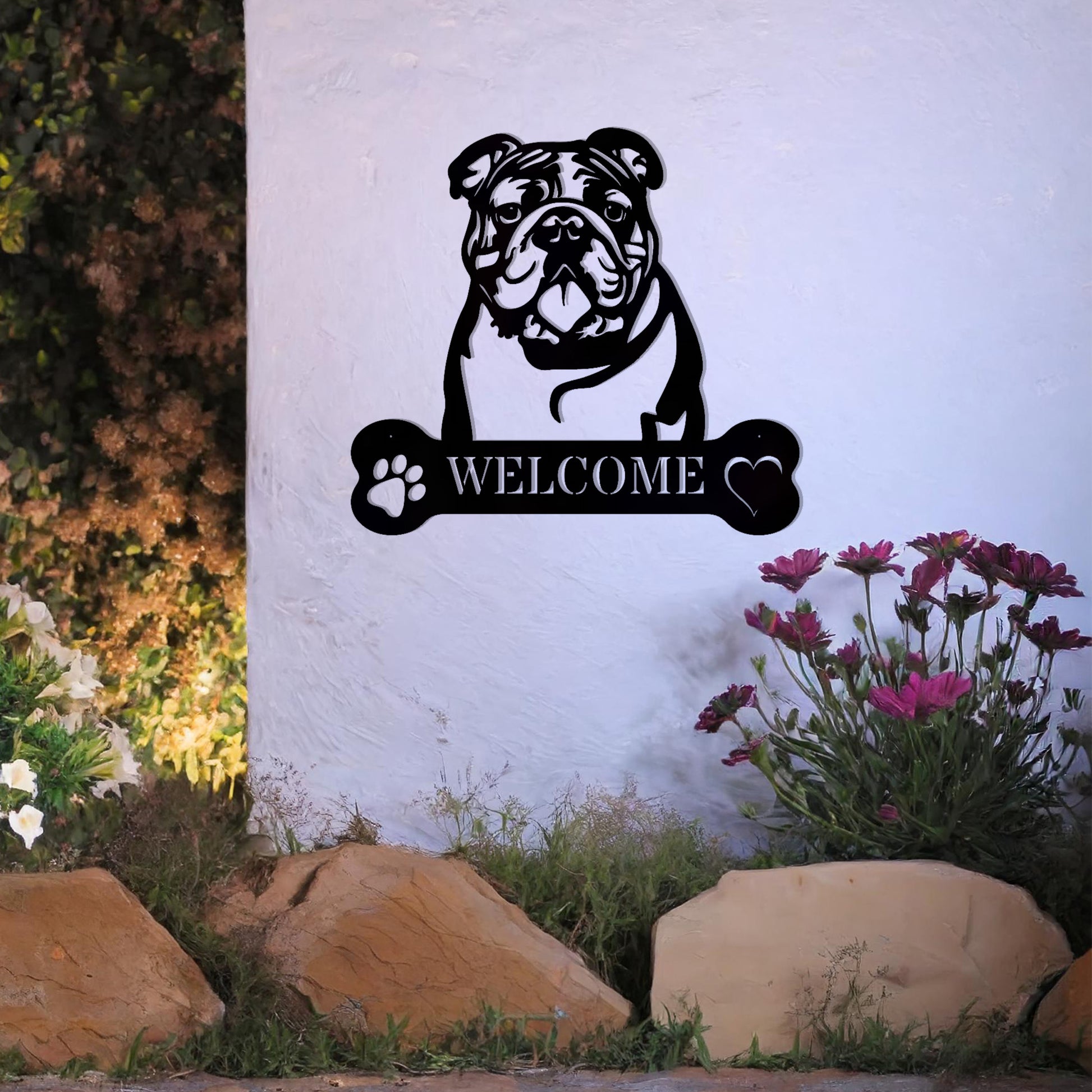 Metal Bulldog dog design with a bone-shaped 'WELCOME' text and paw prints, perfect for adding a friendly and welcoming touch to entryways or outdoor spaces.