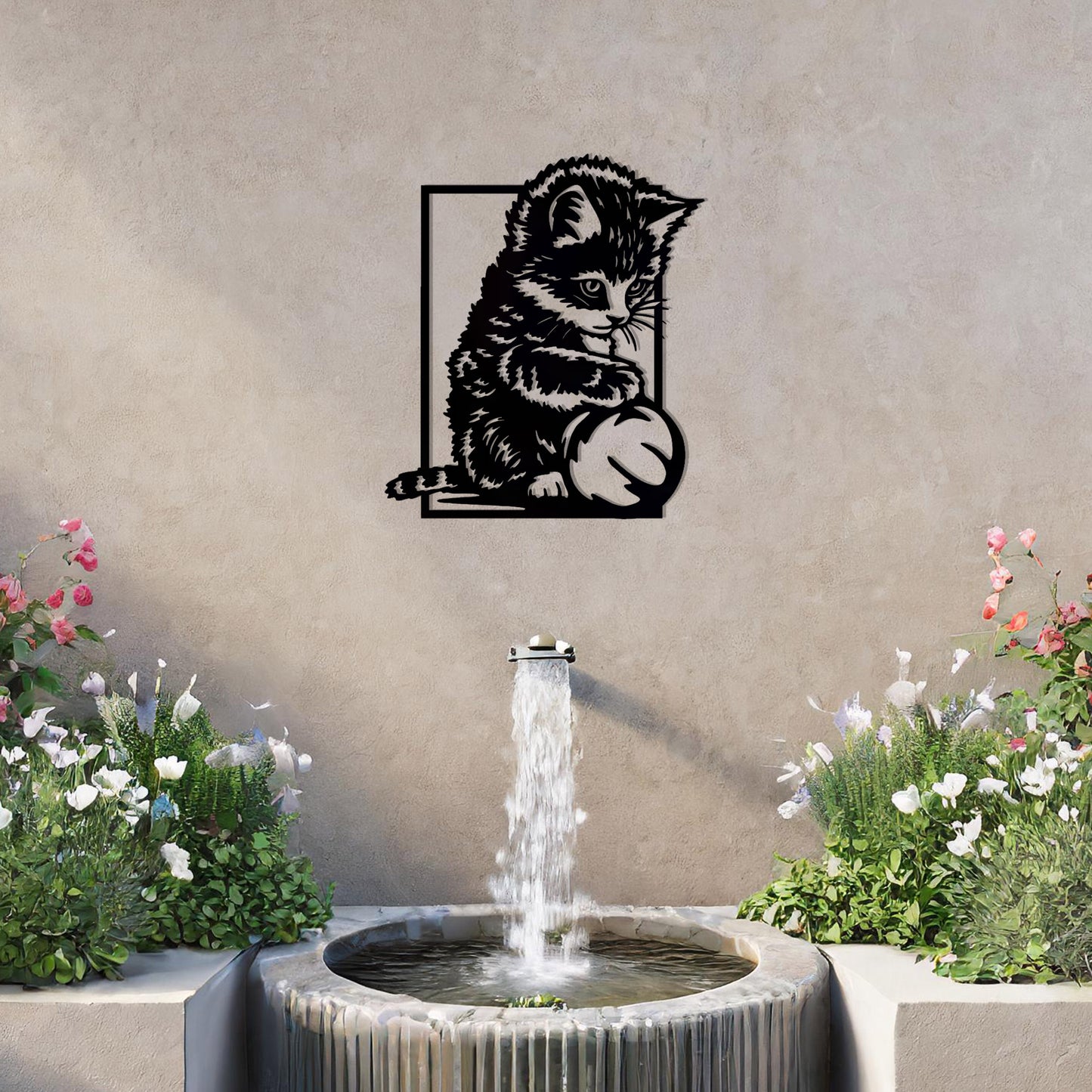 This is a cute metal wall art design featuring a playful kitten sitting and playing with a ball. The design captures the cat's natural curiosity and playful spirit, making it a perfect addition for cat lovers or for adding a touch of whimsy to a space