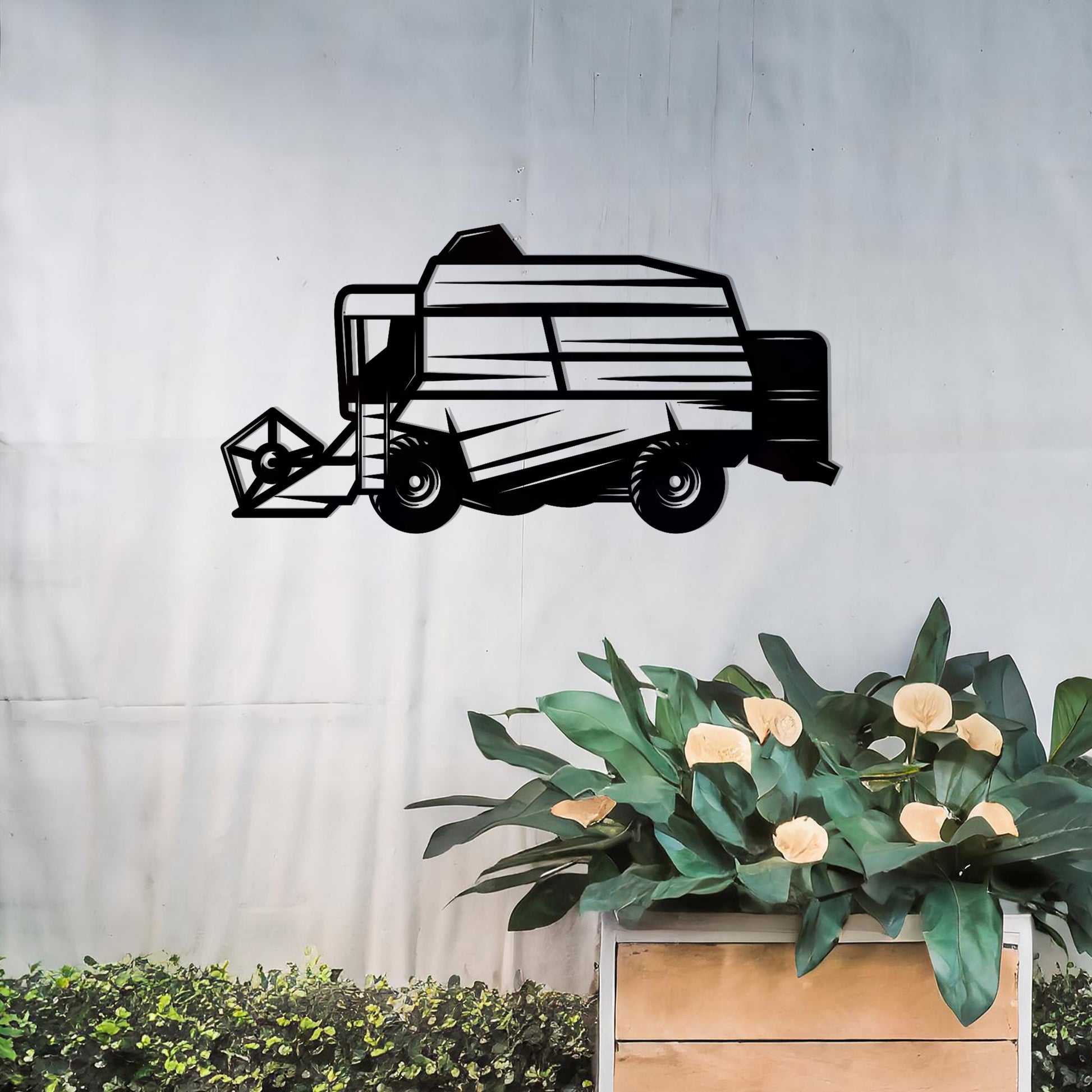 This wall art features a detailed depiction of a combine harvester, showcasing intricate lines and precise cuts that highlight its machinery and structure. Ideal for agricultural-themed spaces or as a gift for farming enthusiasts.