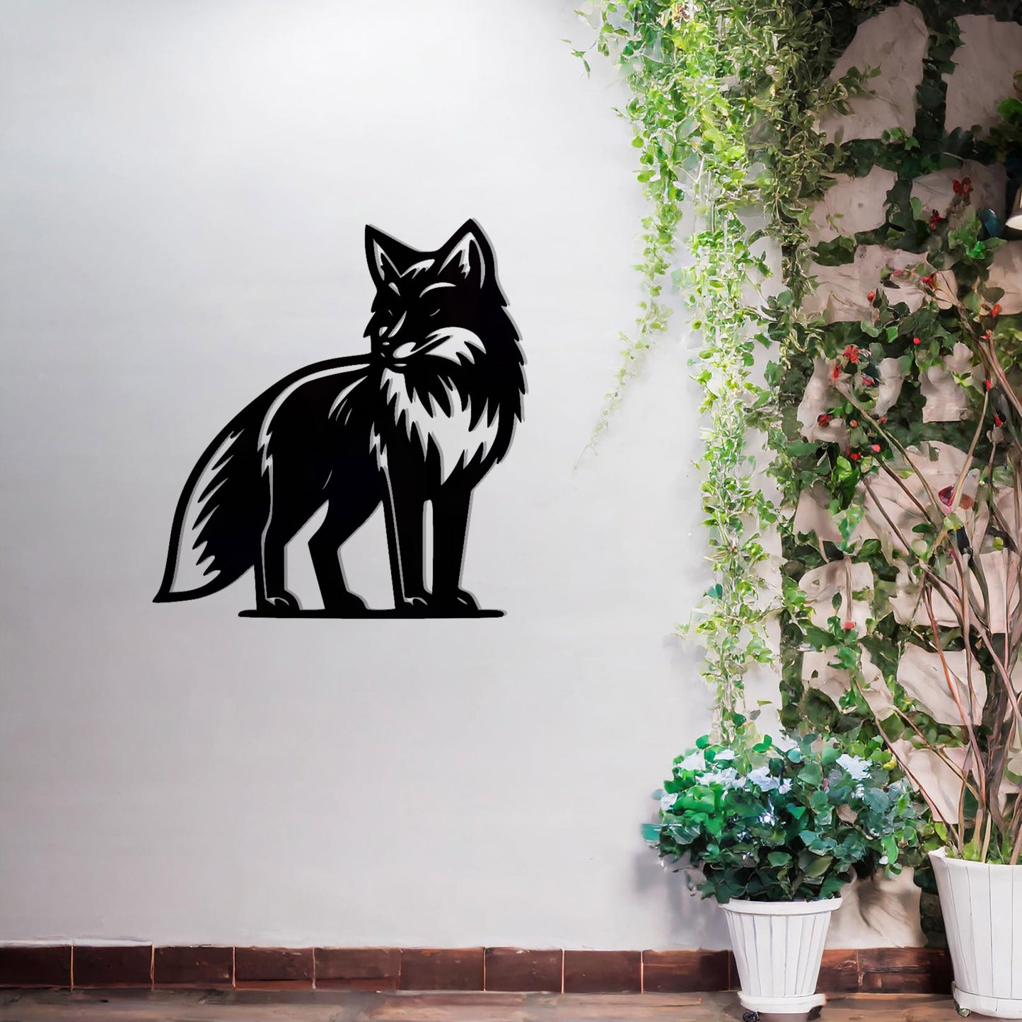 This design showcases the poised silhouette of a fox, standing alert and graceful. The intricate detailing of its fur and tail adds depth and elegance, making it an eye-catching centerpiece for any wall art collection.