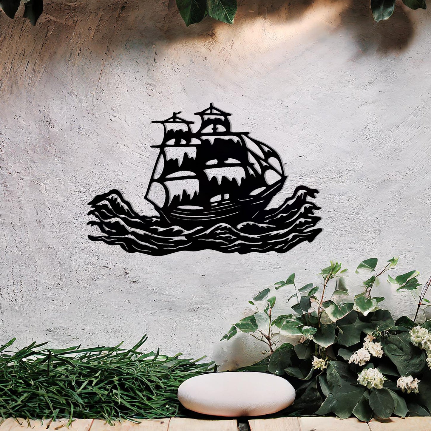 This design features an elegant silhouette of a sailing ship braving dynamic ocean waves, capturing a sense of adventure and exploration. The intricate details of the ship's sails and rigging make it a striking and timeless piece of decor.