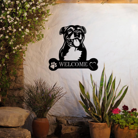 Metal Staff Bull Terrier dog design with a bone-shaped 'WELCOME' text and paw prints, perfect for adding a strong, welcoming touch to entryways or outdoor spaces.