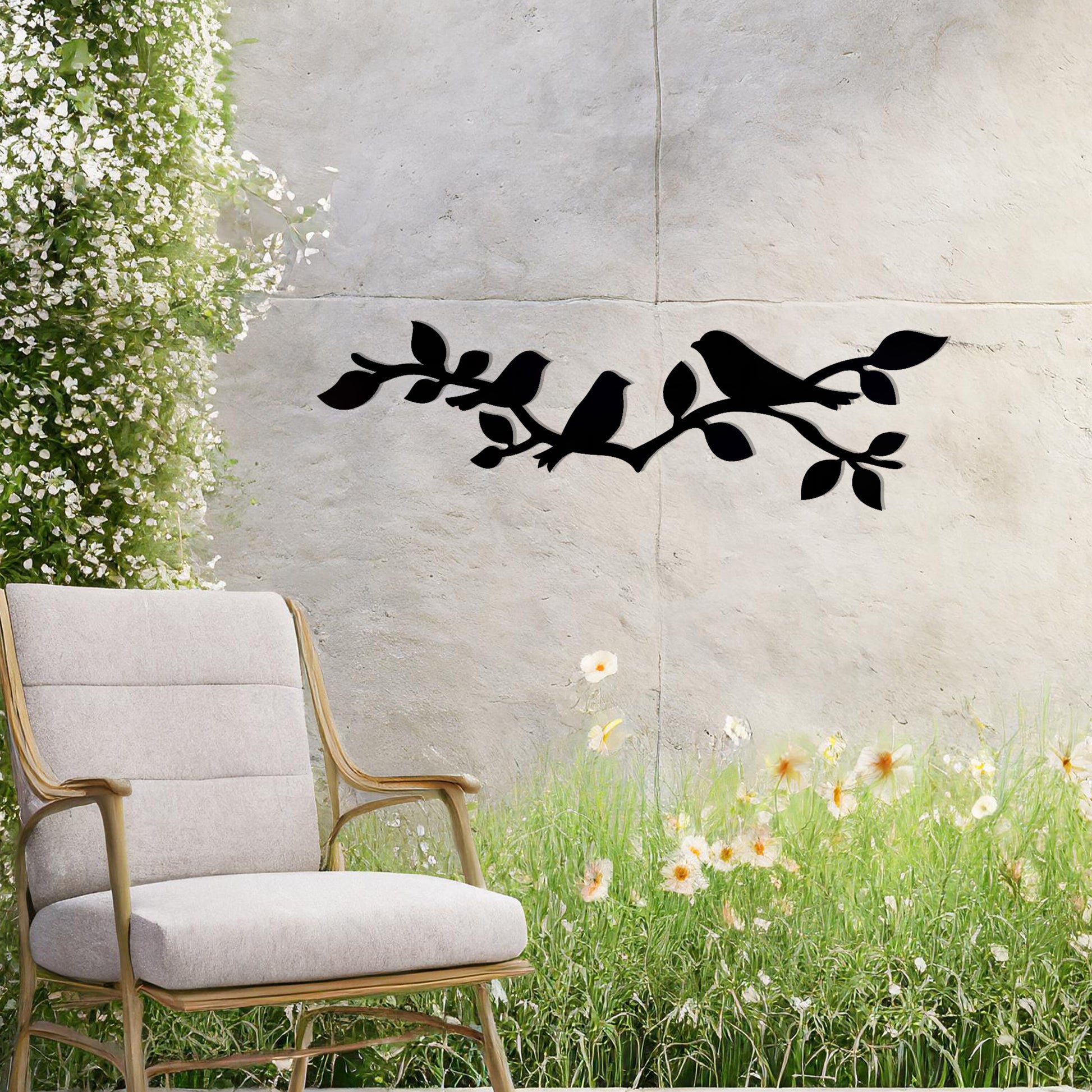 This design features a group of birds perched gracefully on a leafy branch, creating a serene and natural aesthetic. The intricate silhouettes of the birds and leaves make this artwork ideal for adding a touch of nature-inspired elegance to any wall.