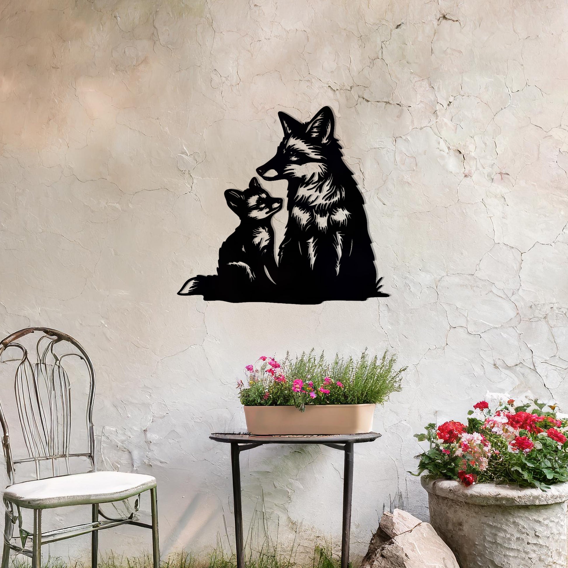 This design features a heartwarming depiction of a parent fox and its cub sharing an intimate moment. The intricate detailing captures the tender connection between them, making it a charming and expressive addition to any space.
