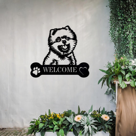 Metal Pomeranian dog design with a bone-shaped 'WELCOME' text and paw prints, perfect for adding a friendly and welcoming touch to entryways or outdoor spaces.