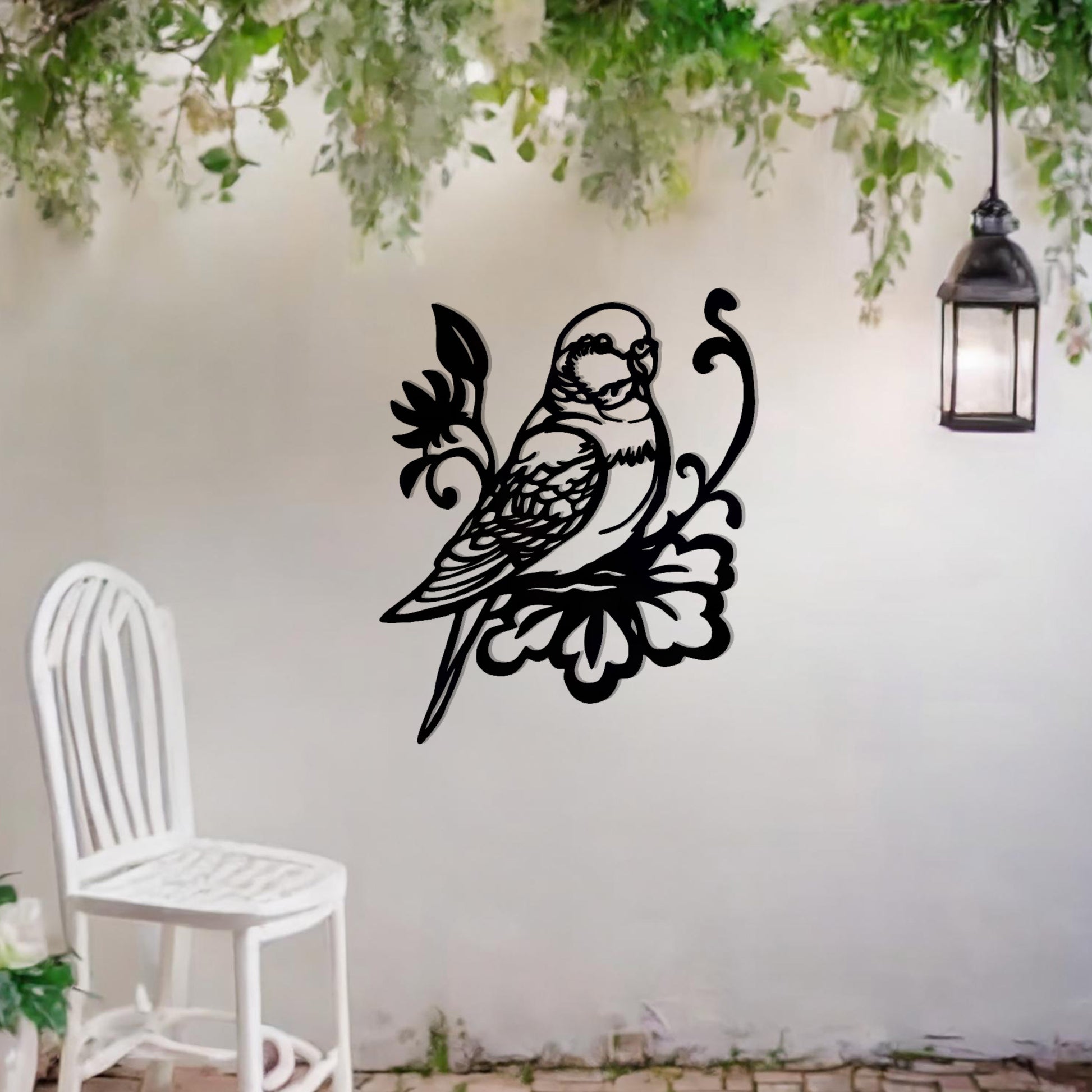 This image features a beautifully designed parrot perched on a floral motif. The bird's detailed feathers and the intricate floral elements create a graceful, organic feel. This would make an elegant and peaceful addition to any space.