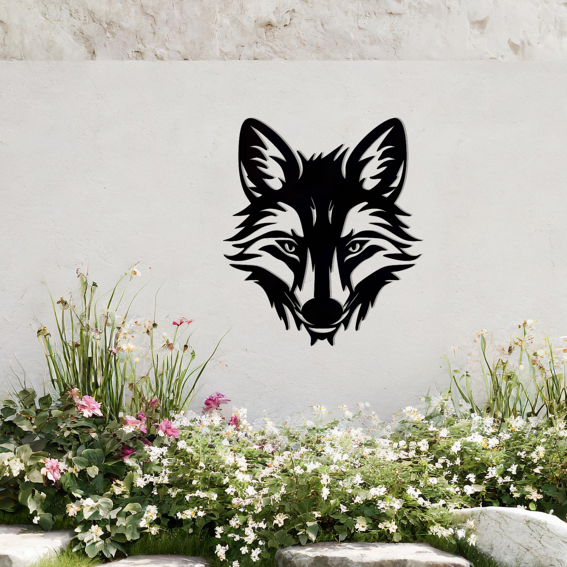 A captivating metal wall art design of a fox's face, intricately crafted with sharp lines and elegant details, representing grace and cunning. Ideal for enhancing interiors with a touch of the wild.