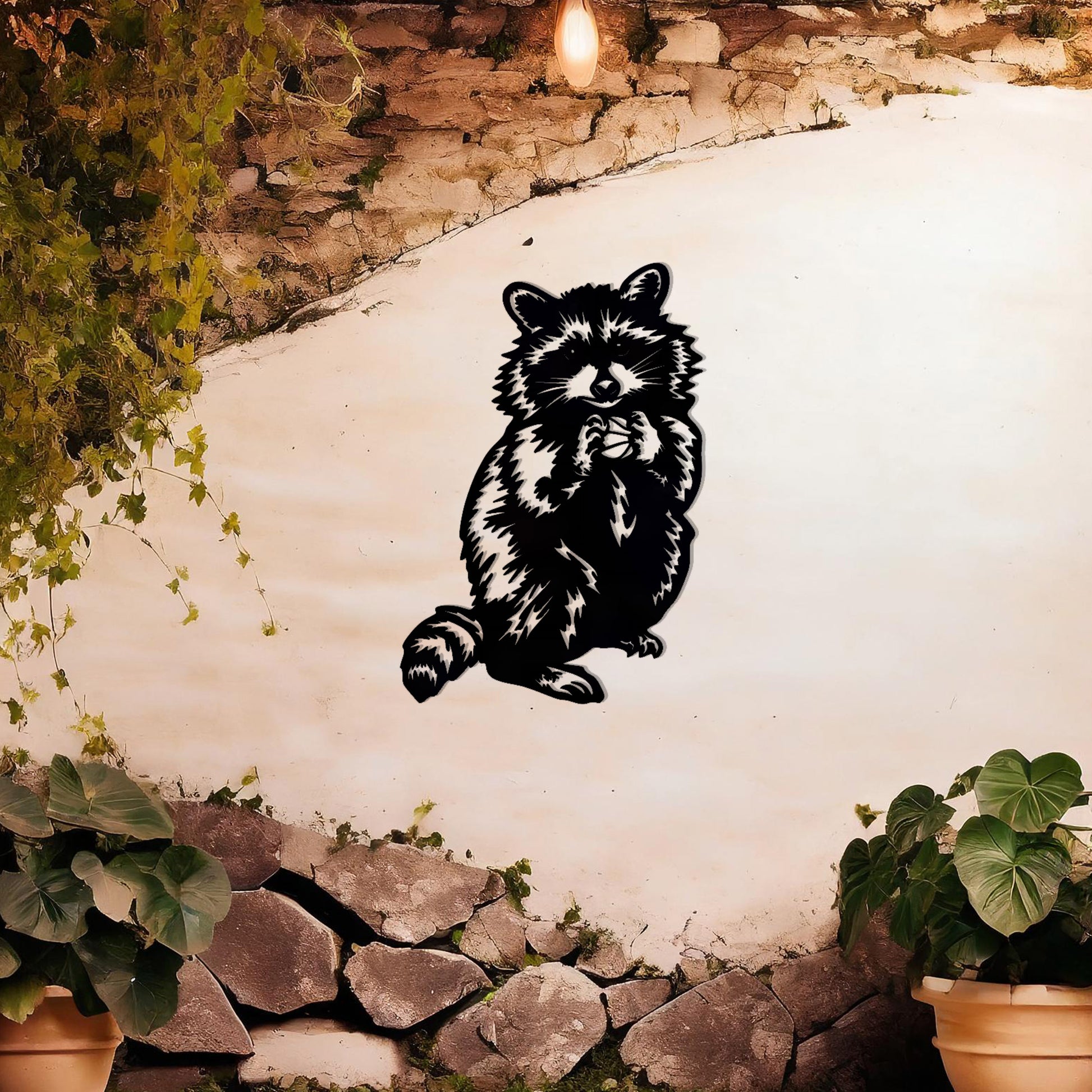 A metal wall art piece featuring a detailed raccoon design, evoking charm and playfulness. This adorable artwork adds a whimsical touch to modern or rustic settings, harmonising beautifully with natural decor elements.