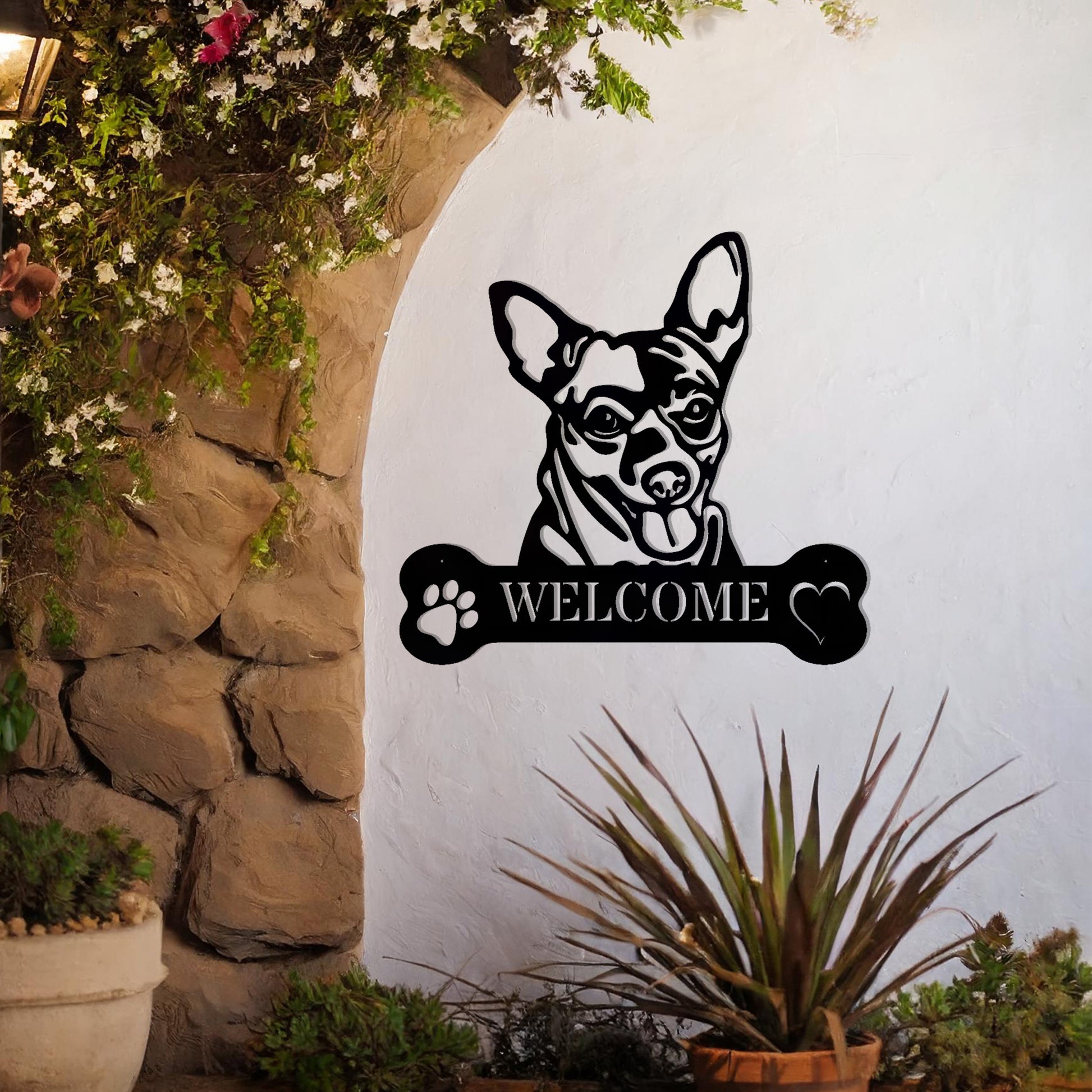 Metal Chihuahua dog design with a bone-shaped 'WELCOME' text and paw prints, perfect for adding a cute and welcoming touch to entryways or outdoor spaces.