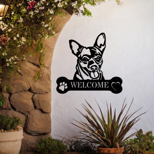 Metal Chihuahua dog design with a bone-shaped 'WELCOME' text and paw prints, perfect for adding a cute and welcoming touch to entryways or outdoor spaces.