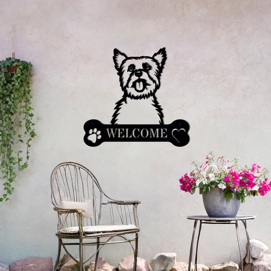 Metal Yorkshire Terrier dog design with a bone-shaped 'WELCOME' text and paw prints, perfect for adding a cheerful and welcoming touch to entryways or outdoor spaces.