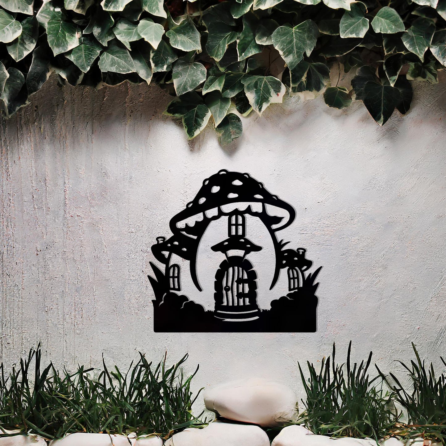 Metal garden decoration featuring a whimsical mushroom house design with intricate windows, a detailed door, and playful accents, adding a touch of fairy-tale charm and creativity to outdoor spaces.