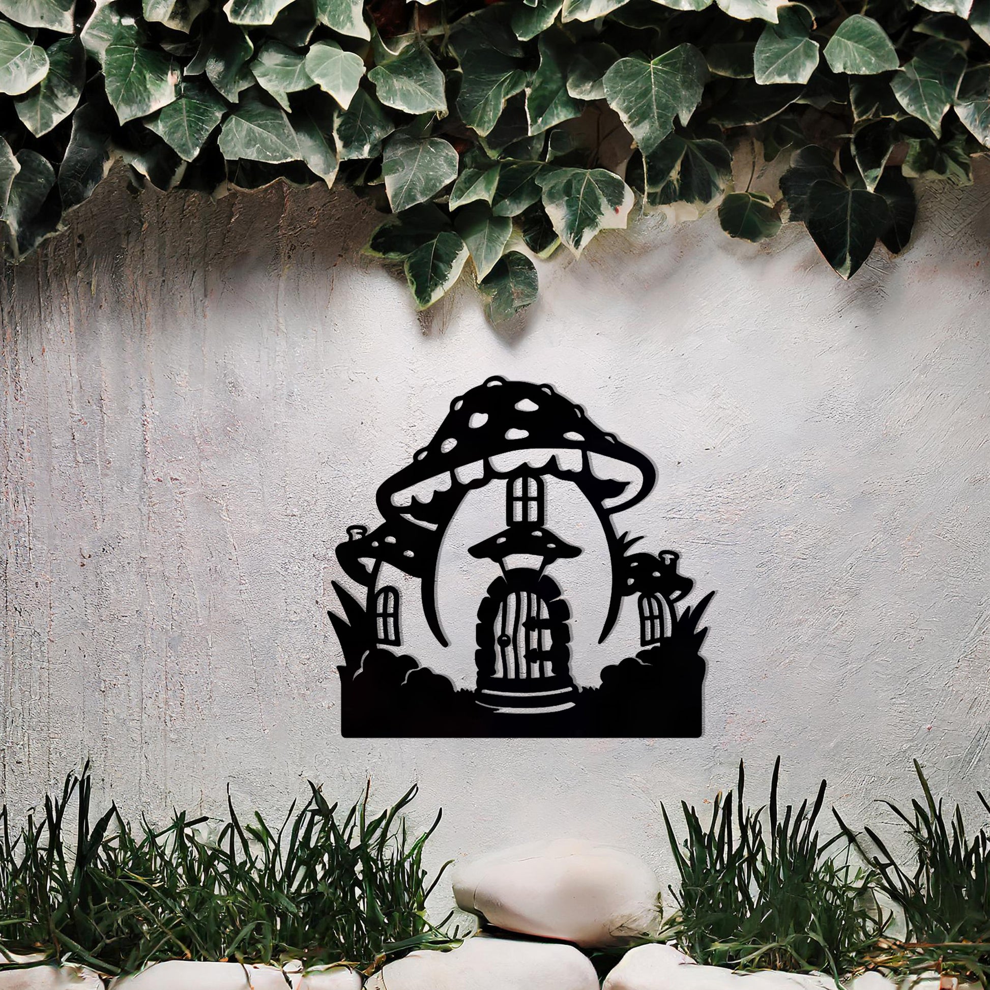 Metal garden decoration featuring a whimsical mushroom house design with intricate windows, a detailed door, and playful accents, adding a touch of fairy-tale charm and creativity to outdoor spaces.