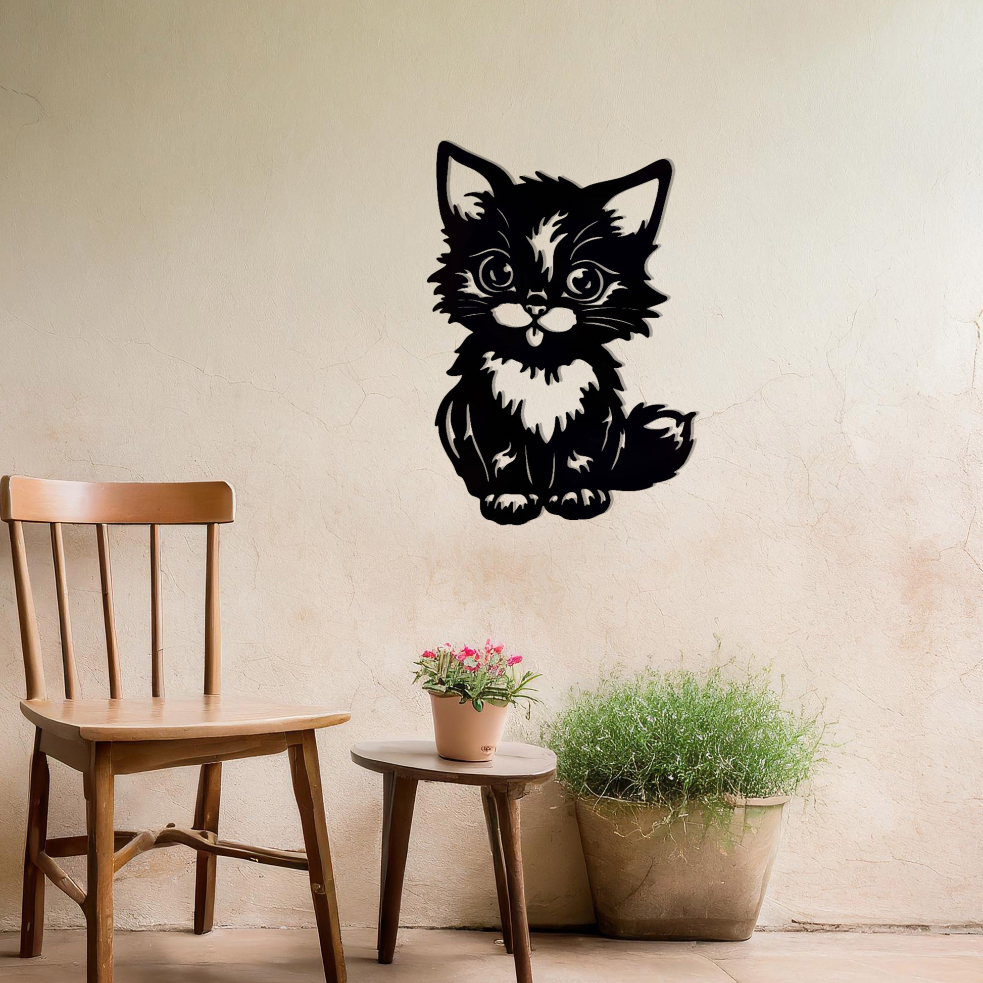 This design features an adorable kitten sitting upright with expressive eyes and playful details. The intricate lines bring charm and personality to this piece, making it a delightful decorative addition for animal lovers.