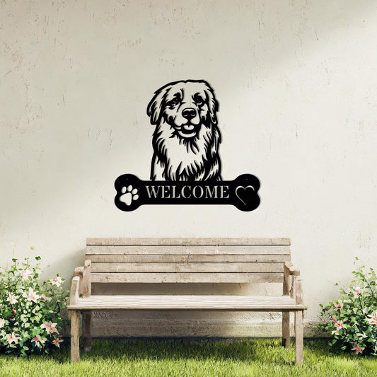 Metal Golden Retriever dog design with a bone-shaped 'WELCOME' text and paw prints, perfect for adding a friendly and welcoming touch to entryways or outdoor spaces.