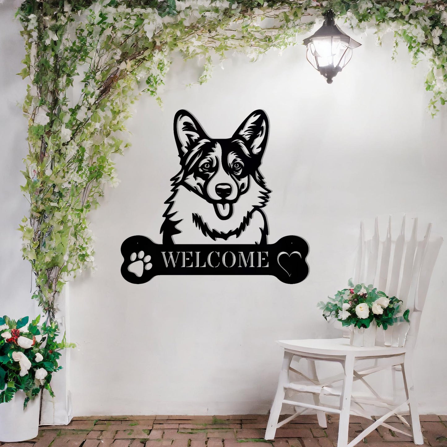 Metal Pembroke Welsh Corgi dog design with a bone-shaped 'WELCOME' text and paw prints, perfect for adding a charming and welcoming touch to entryways or outdoor spaces.