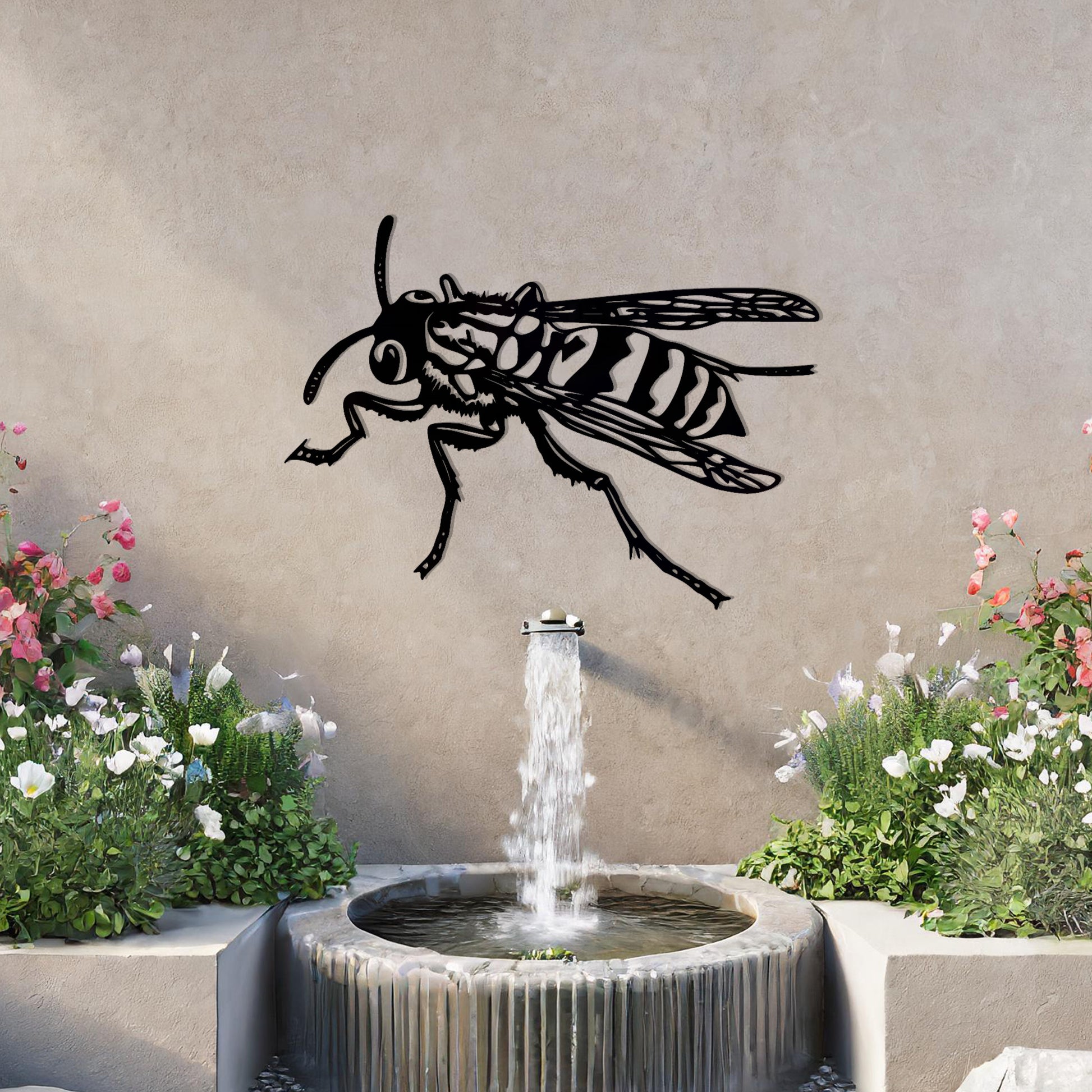 The design features a highly detailed wasp in mid-flight, showcasing intricate lines and patterns on its body and wings. The artwork is displayed above a tranquil water feature, highlighting the insect’s dynamic form.